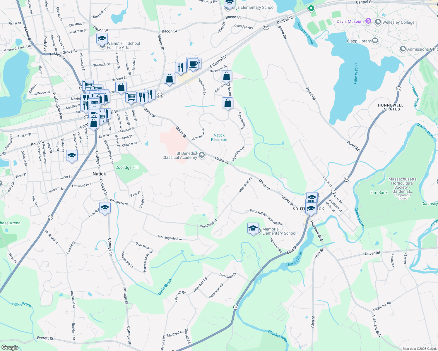 map of restaurants, bars, coffee shops, grocery stores, and more near 2 Arrow Path in Natick