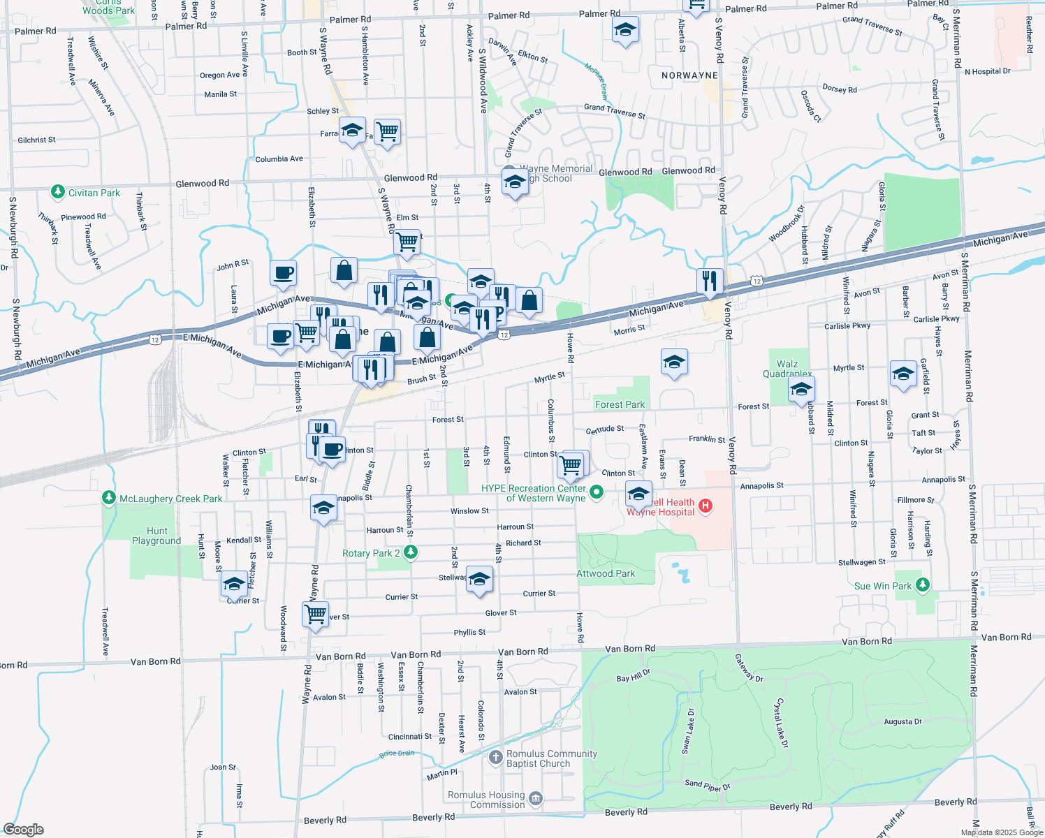 map of restaurants, bars, coffee shops, grocery stores, and more near 4112 Carnegie St in Wayne