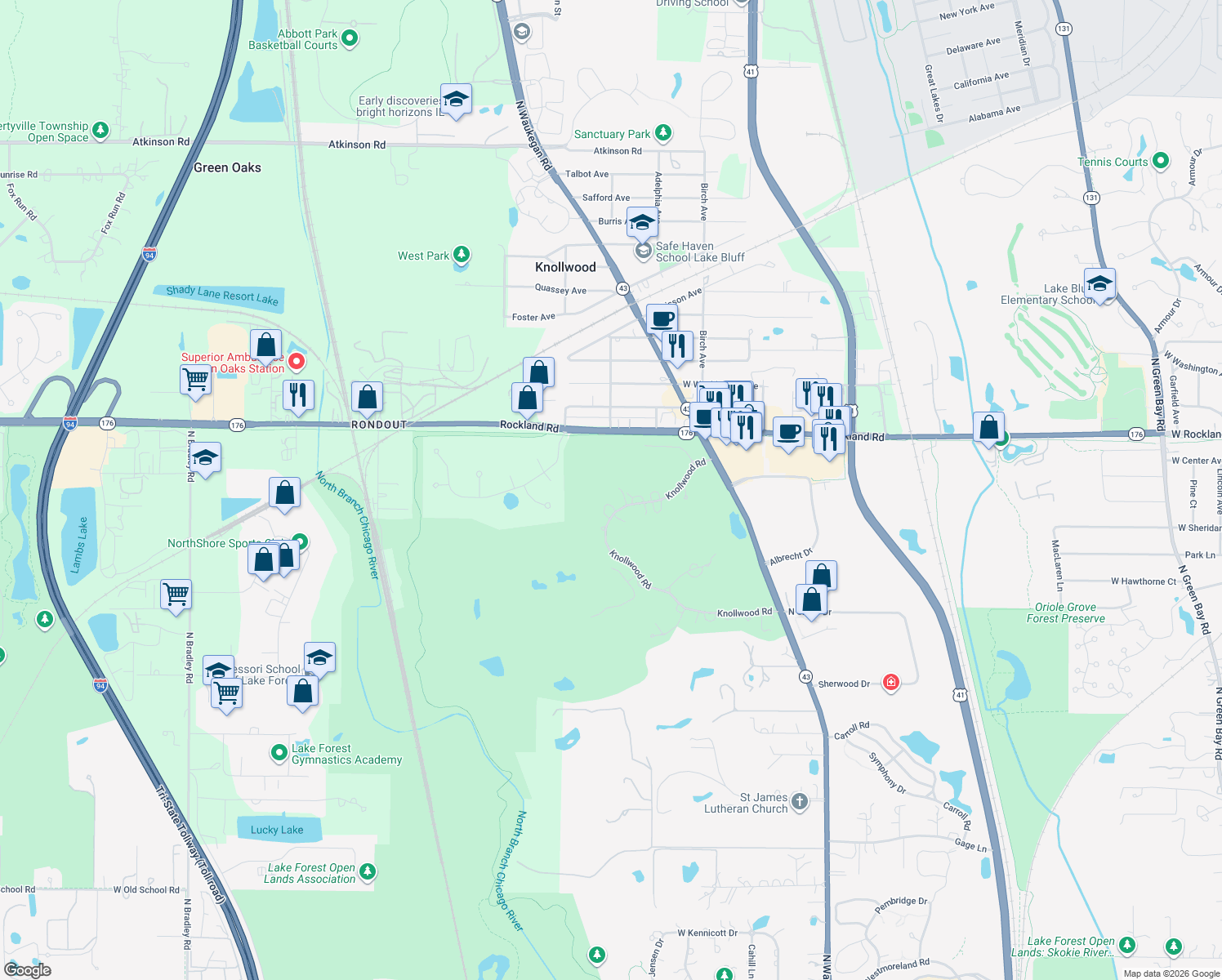 map of restaurants, bars, coffee shops, grocery stores, and more near 2020 Knollwood Lane in Lake Forest