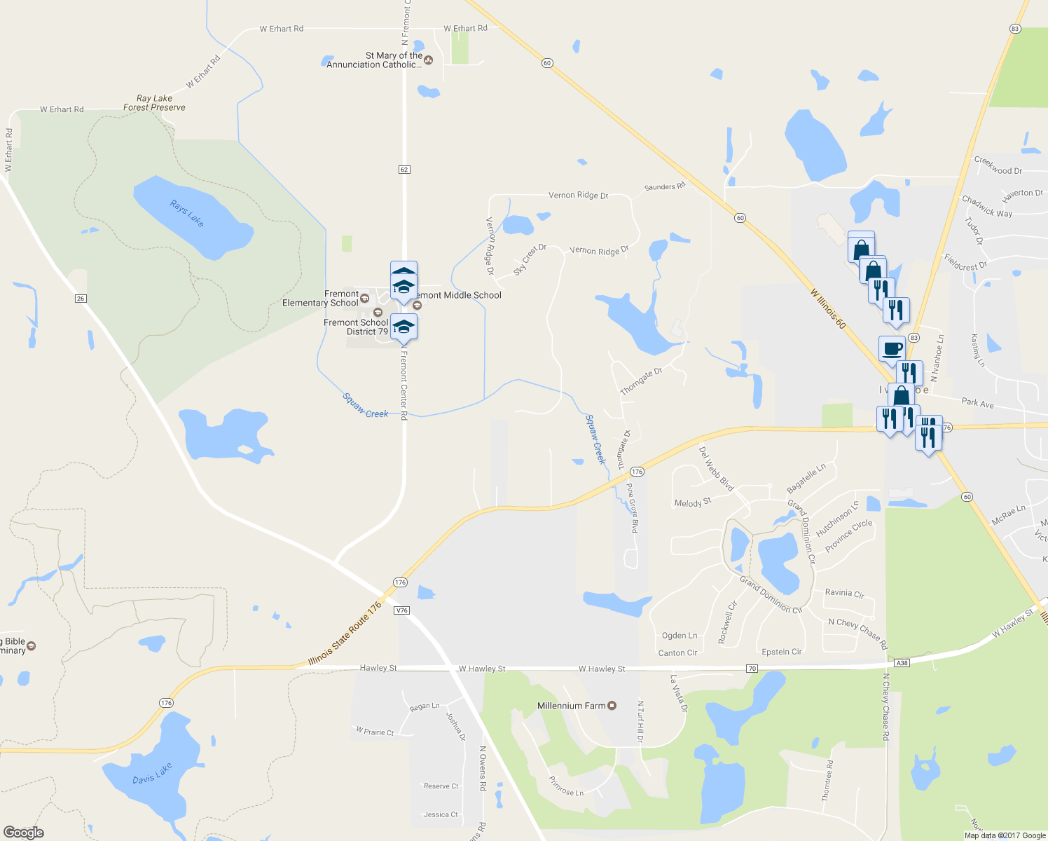 map of restaurants, bars, coffee shops, grocery stores, and more near 28559 Sky Crest Drive in Mundelein