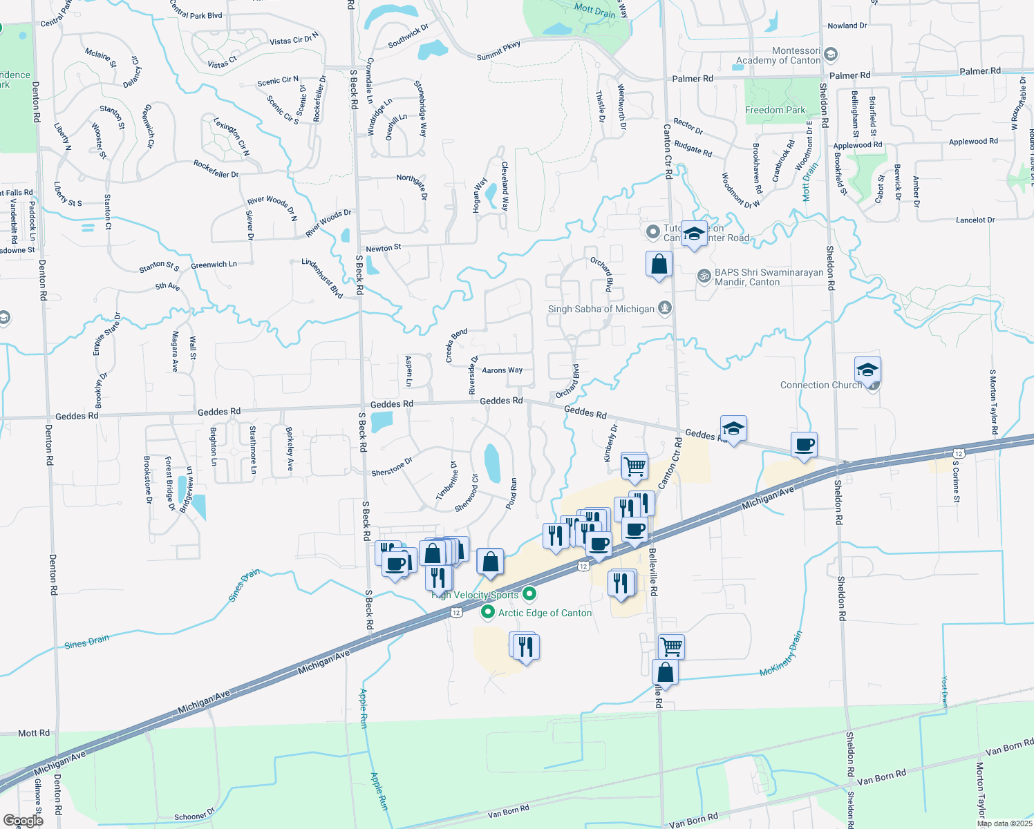 map of restaurants, bars, coffee shops, grocery stores, and more near 4001 Pond Run Ct in Canton