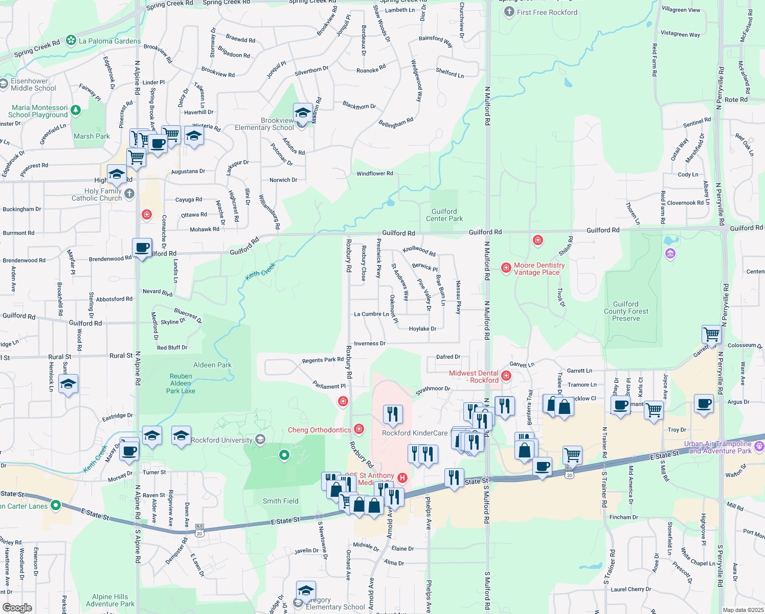 map of restaurants, bars, coffee shops, grocery stores, and more near 907 Prestwick Parkway in Rockford