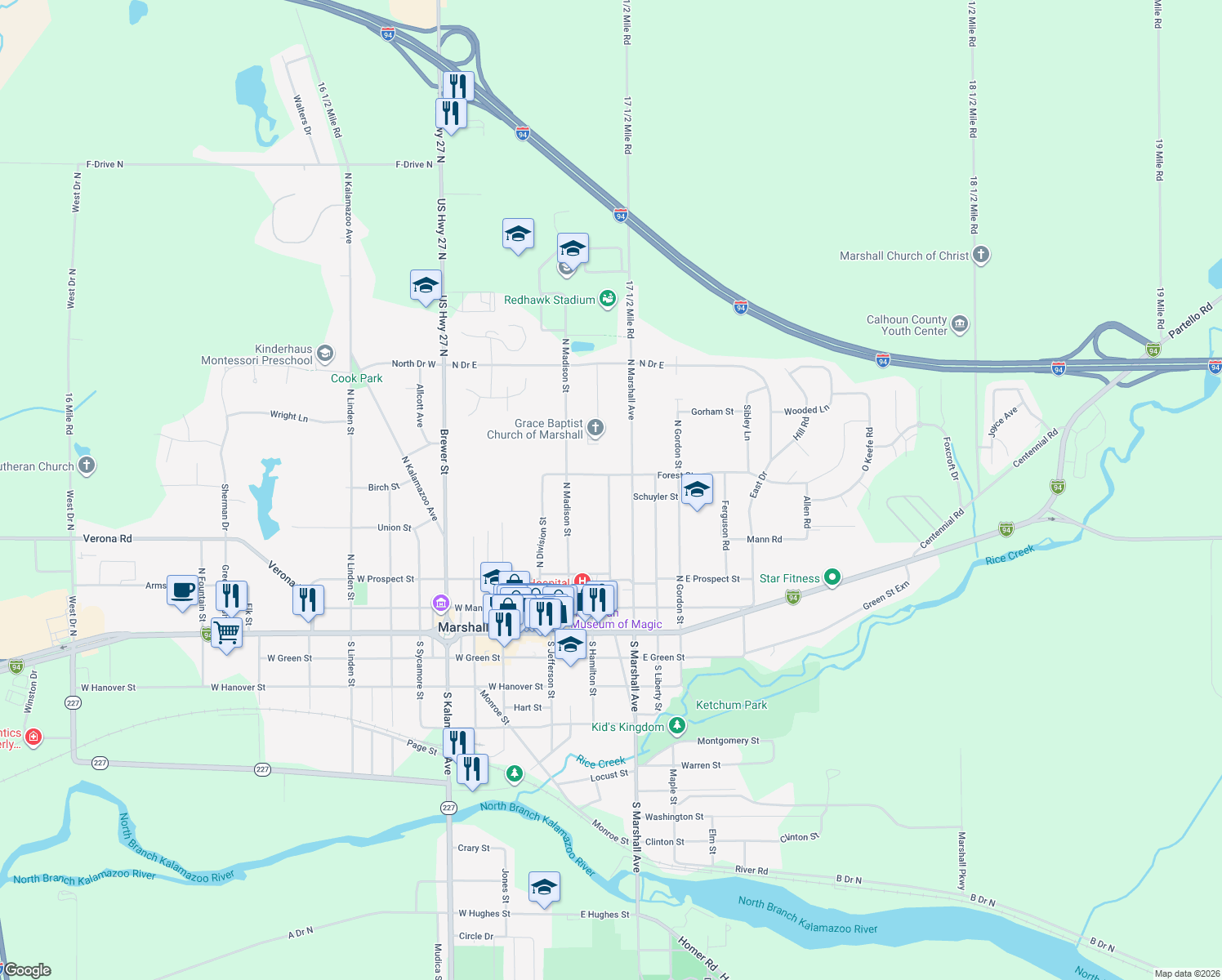 map of restaurants, bars, coffee shops, grocery stores, and more near 420 High Street in Marshall