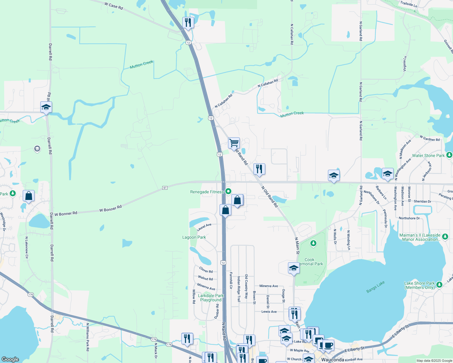 map of restaurants, bars, coffee shops, grocery stores, and more near 25466 West Bonner Road in Wauconda