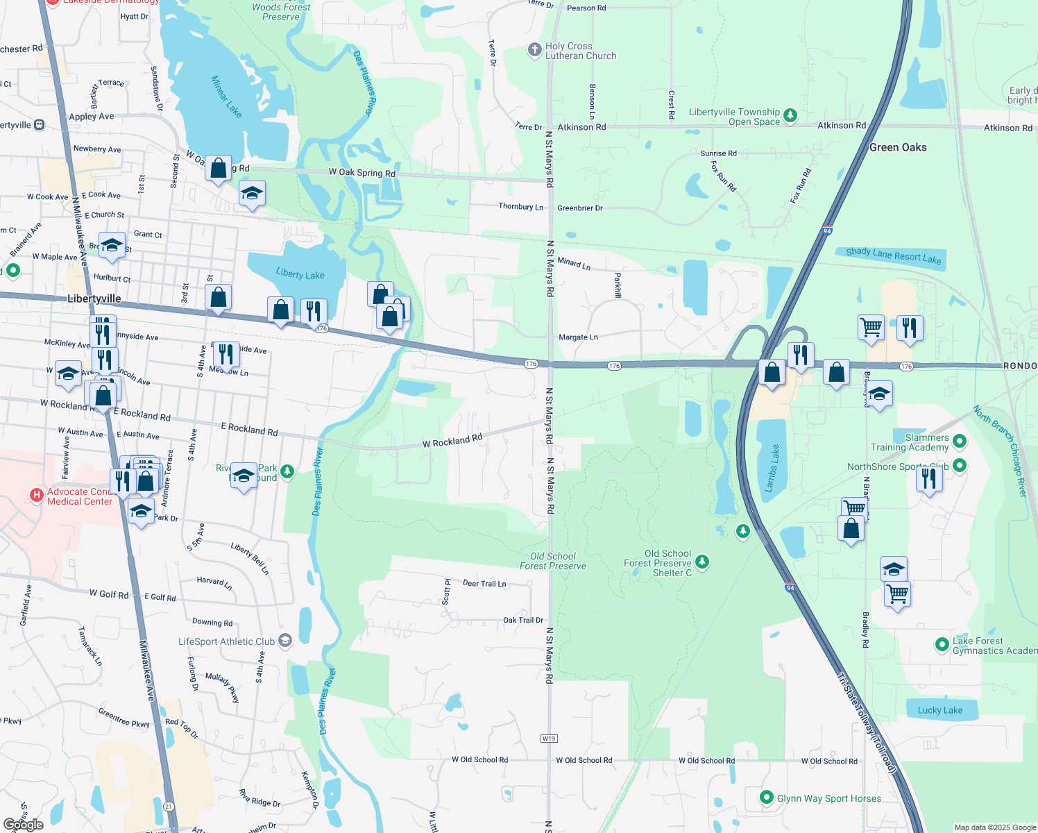 map of restaurants, bars, coffee shops, grocery stores, and more near 15110 West Rockland Road in Libertyville