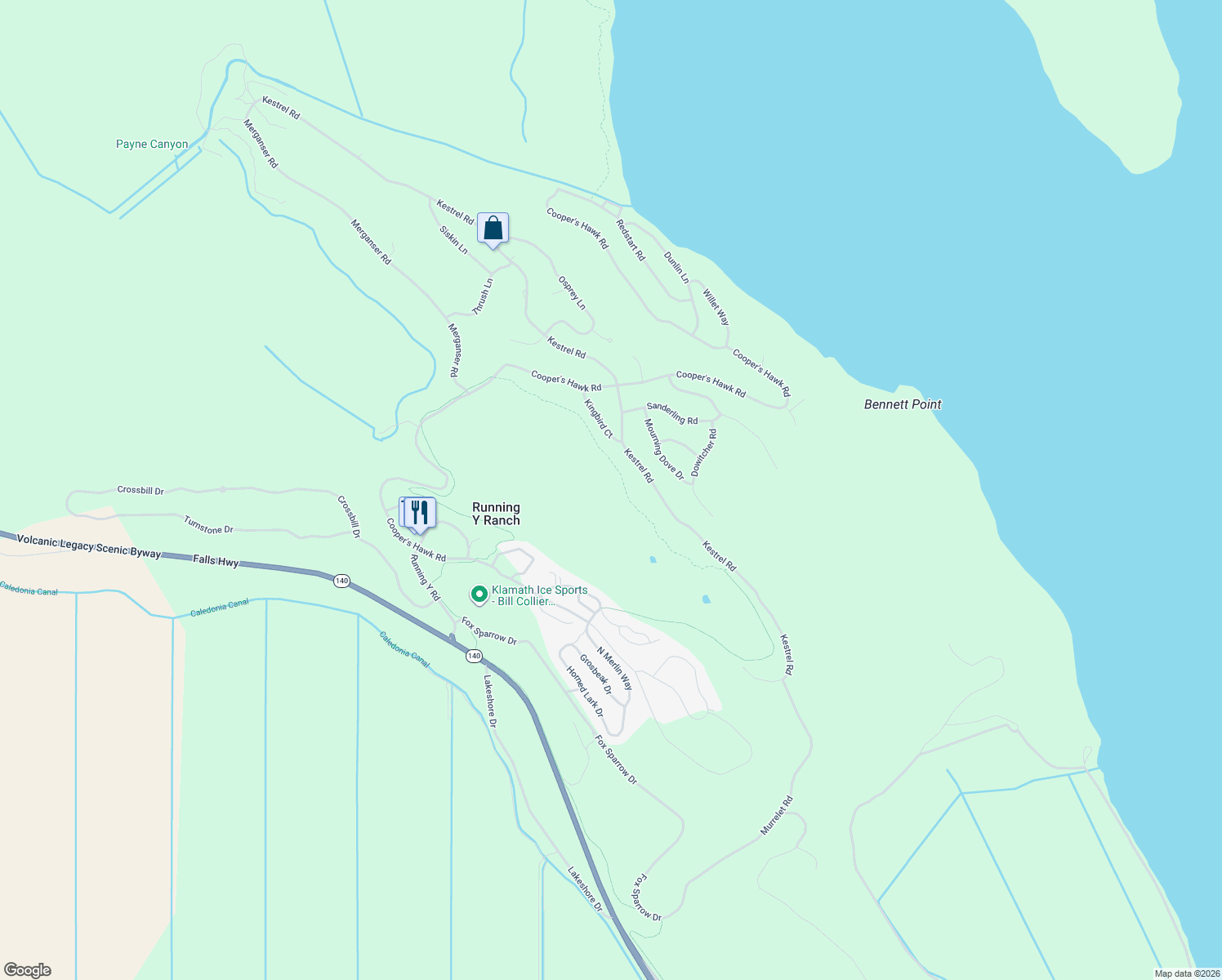 map of restaurants, bars, coffee shops, grocery stores, and more near 10180 Kestrel Road in Klamath Falls
