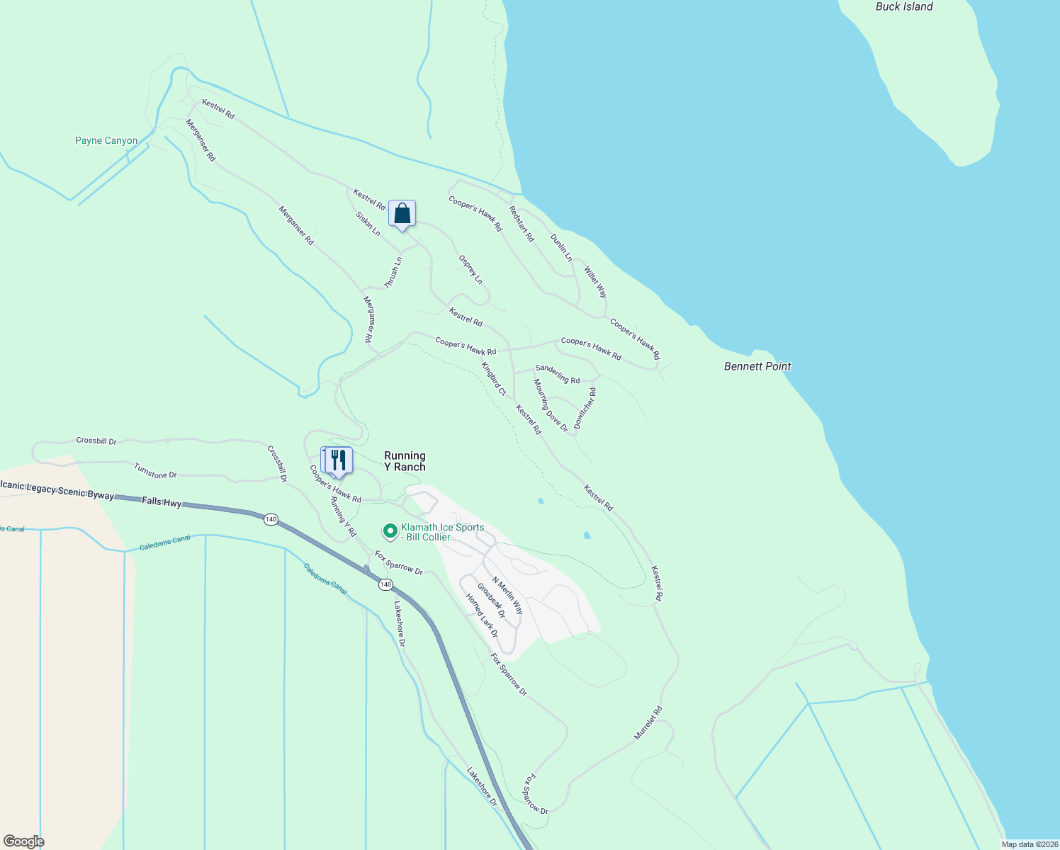map of restaurants, bars, coffee shops, grocery stores, and more near 10180 Kestrel Road in Klamath Falls