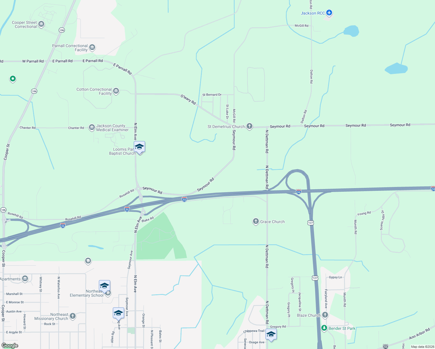 map of restaurants, bars, coffee shops, grocery stores, and more near 2618 Seymour Road in Jackson