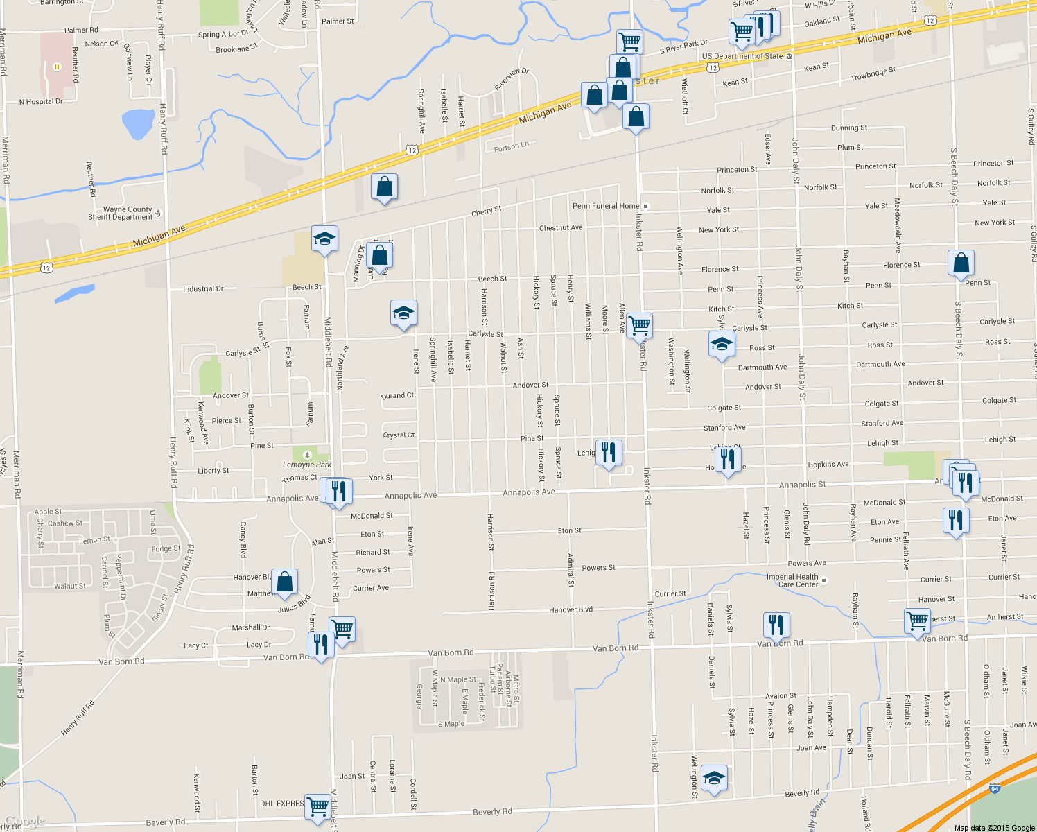map of restaurants, bars, coffee shops, grocery stores, and more near 4106 Ash Street in Inkster