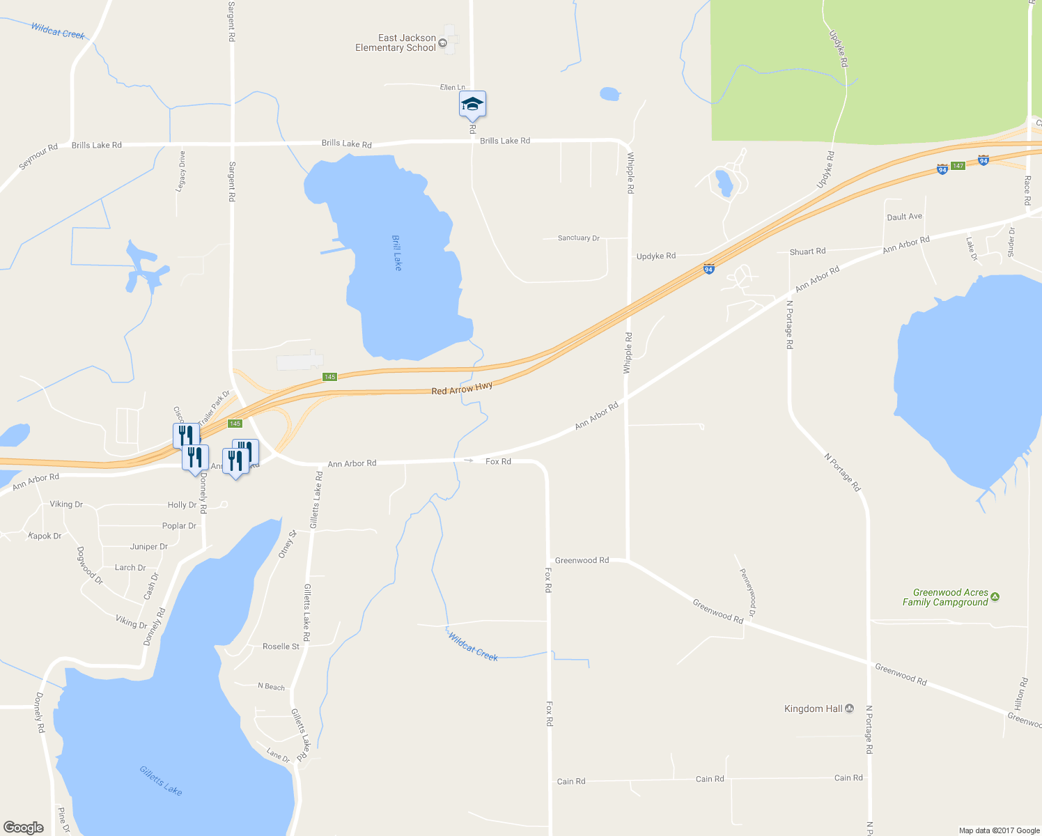 map of restaurants, bars, coffee shops, grocery stores, and more near 6890 Ann Arbor Road in Jackson