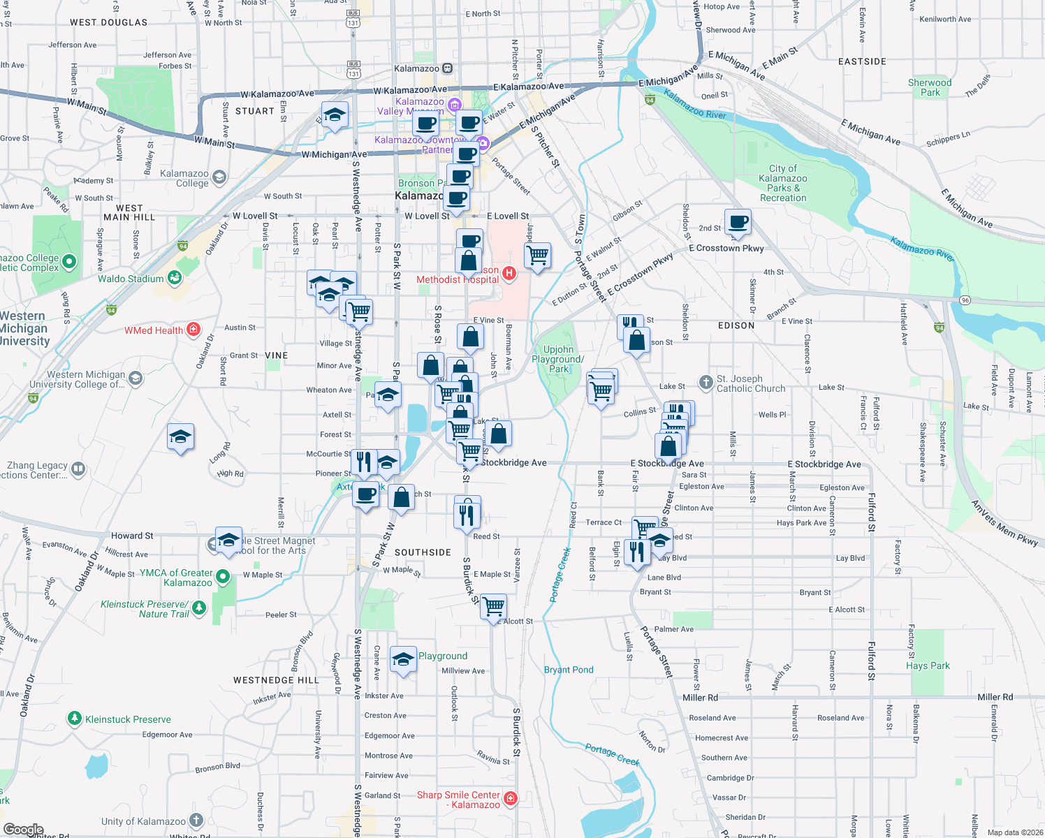 map of restaurants, bars, coffee shops, grocery stores, and more near 316 Lake Street in Kalamazoo