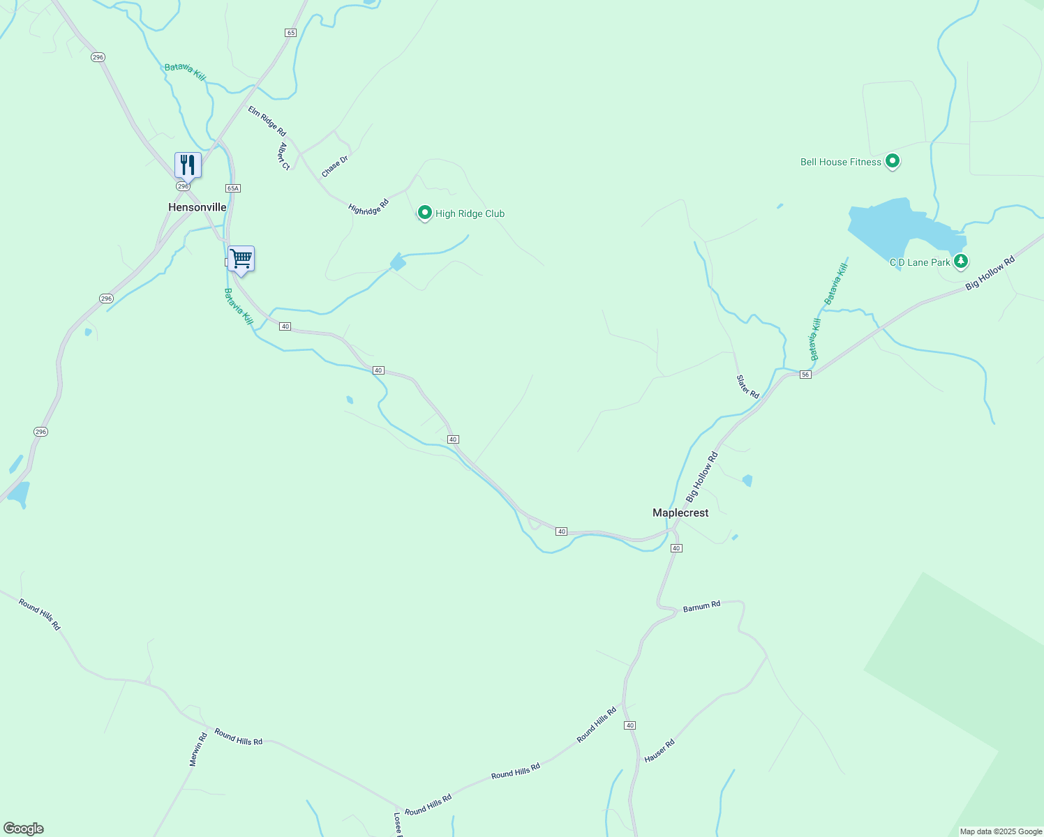 map of restaurants, bars, coffee shops, grocery stores, and more near 48 Tallwoods Road in Maplecrest
