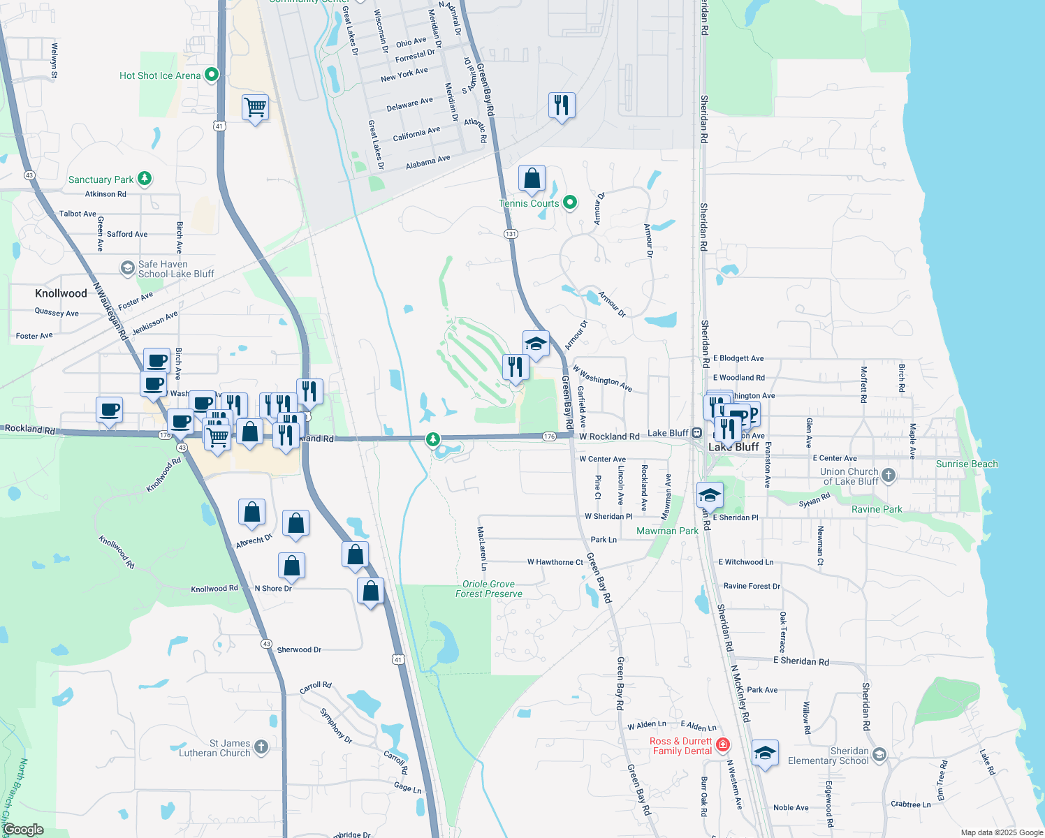 map of restaurants, bars, coffee shops, grocery stores, and more near 7 Eva Terrace in Lake Bluff