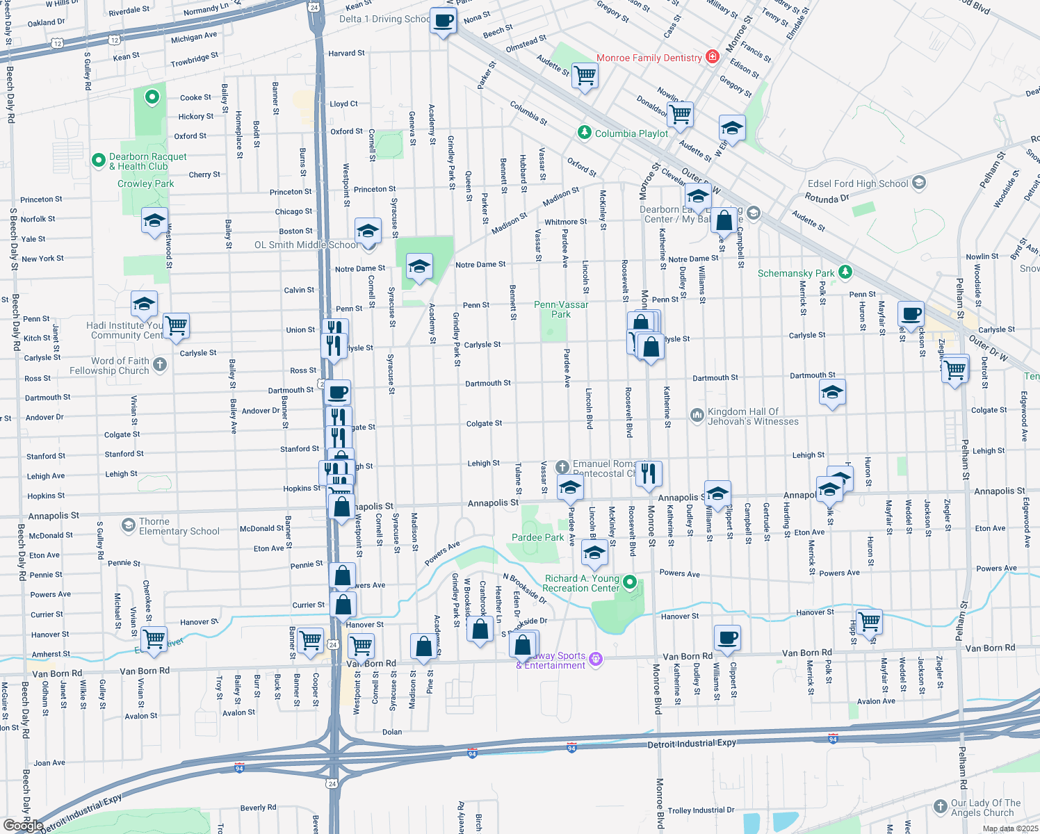 map of restaurants, bars, coffee shops, grocery stores, and more near 4007 Tulane Street in Dearborn Heights