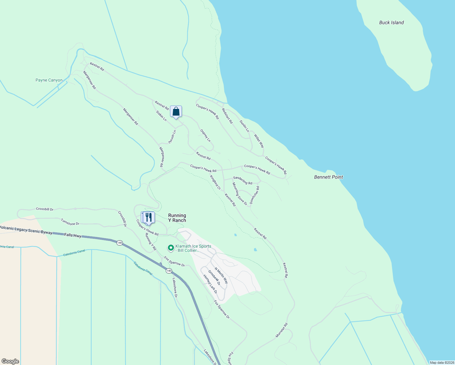 map of restaurants, bars, coffee shops, grocery stores, and more near 6104 Sanderling Road in Klamath Falls