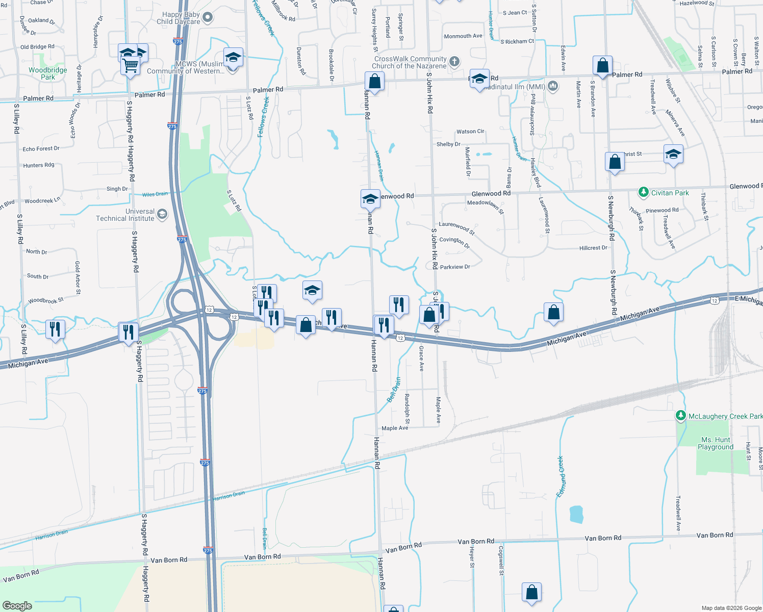 map of restaurants, bars, coffee shops, grocery stores, and more near 3557 Hannan Road in Wayne