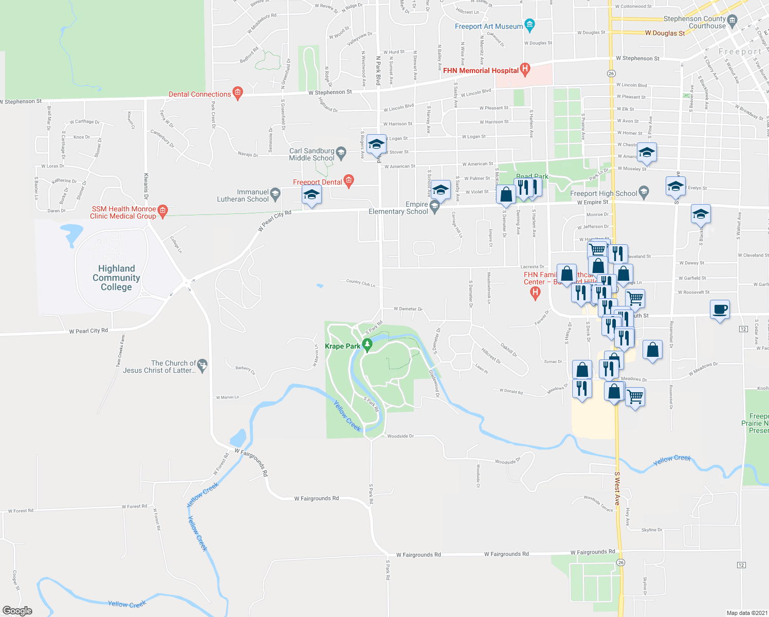 map of restaurants, bars, coffee shops, grocery stores, and more near 1575 West Demeter Drive in Freeport