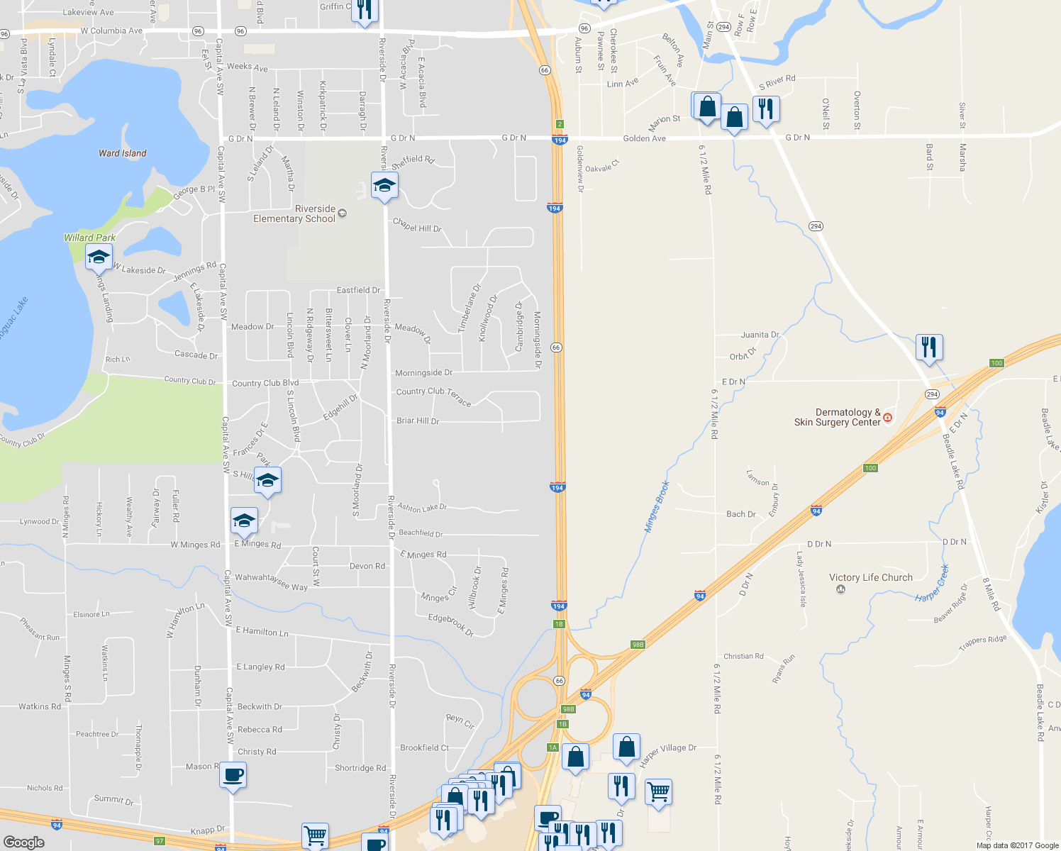 map of restaurants, bars, coffee shops, grocery stores, and more near 330 Briar Hill Drive in Battle Creek