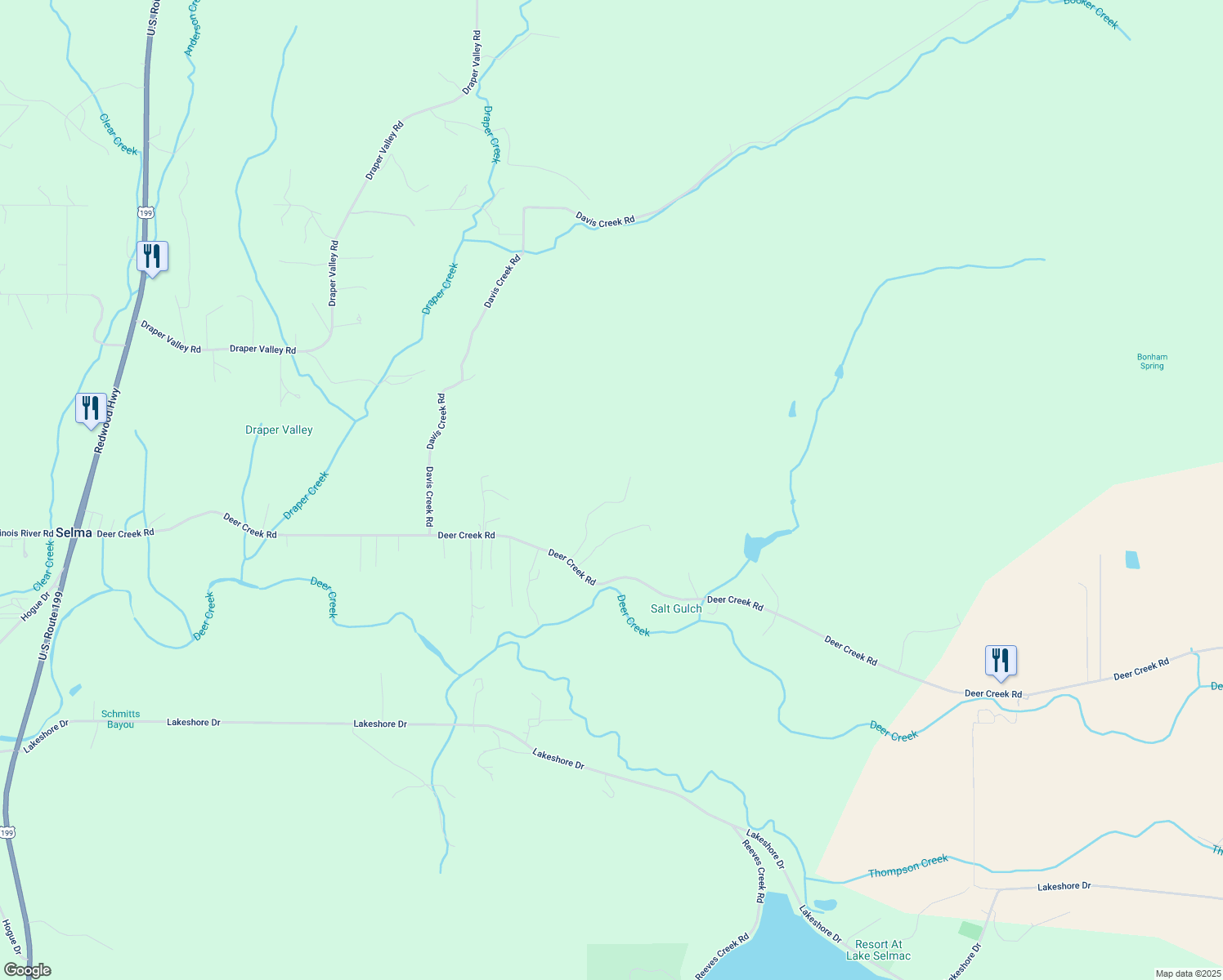 map of restaurants, bars, coffee shops, grocery stores, and more near 1250 Deer Creek Road in Selma