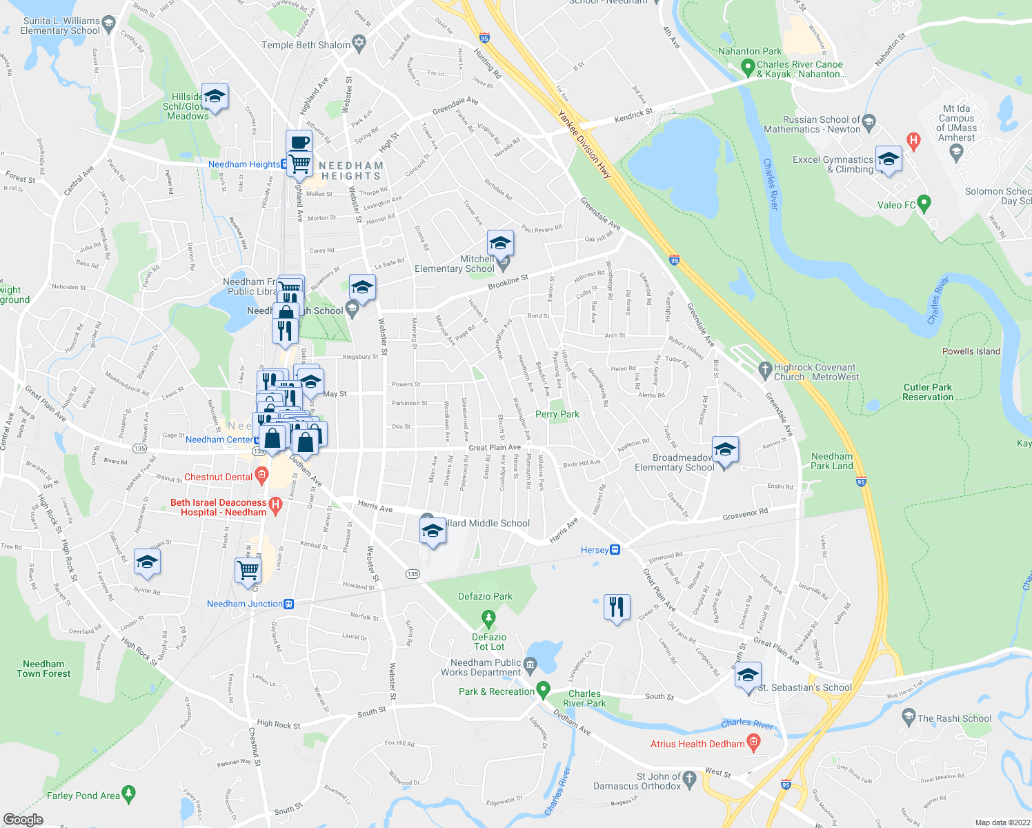 map of restaurants, bars, coffee shops, grocery stores, and more near 41 Sargent Street in Needham