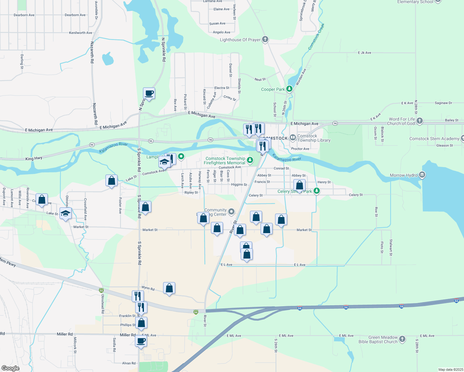 map of restaurants, bars, coffee shops, grocery stores, and more near 5694 Higgins Street in Kalamazoo