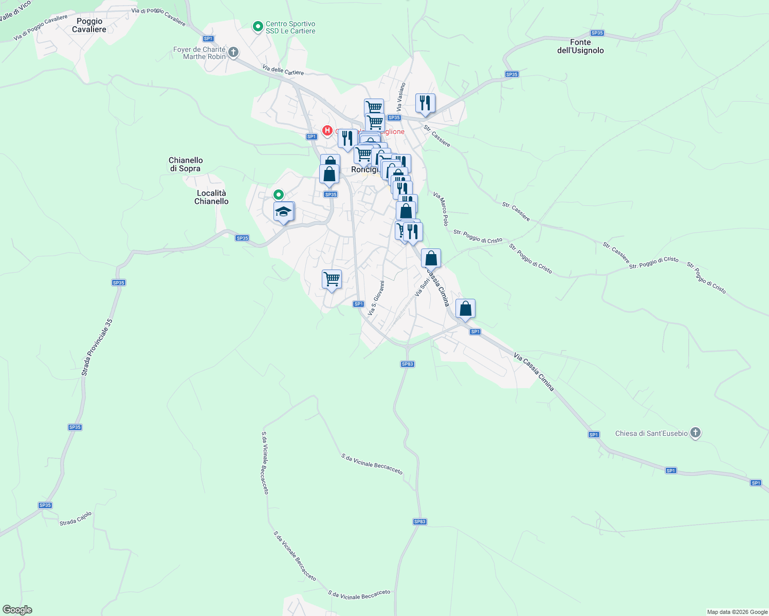 map of restaurants, bars, coffee shops, grocery stores, and more near 4 Via Sardegna in Ronciglione
