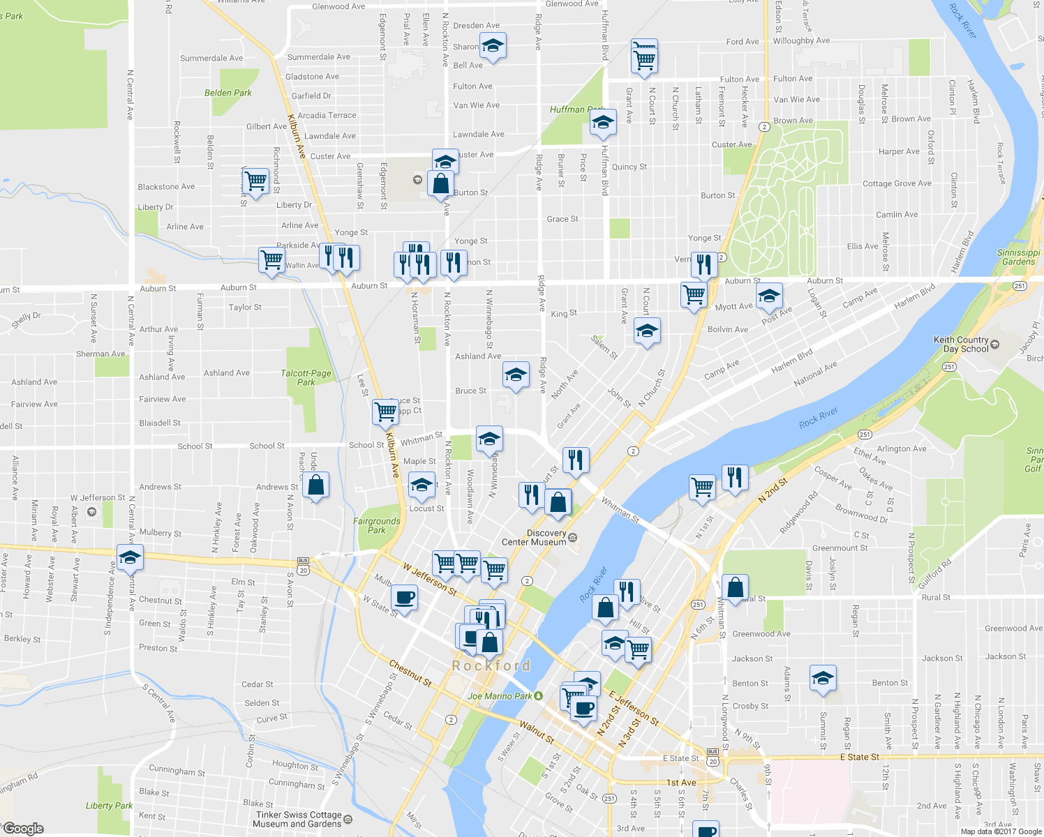 map of restaurants, bars, coffee shops, grocery stores, and more near 917 Haskell Avenue in Rockford
