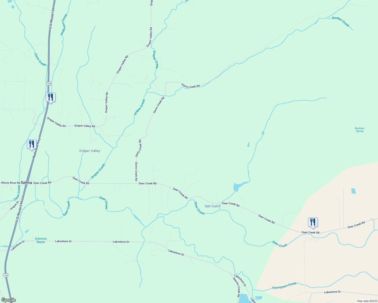 map of restaurants, bars, coffee shops, grocery stores, and more near 1250 Deer Creek Road in Selma