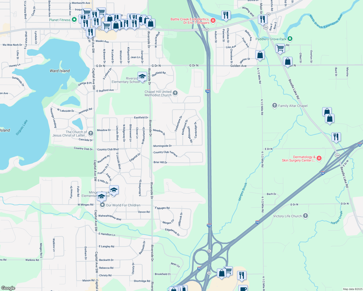 map of restaurants, bars, coffee shops, grocery stores, and more near 317 Morningside Drive in Battle Creek