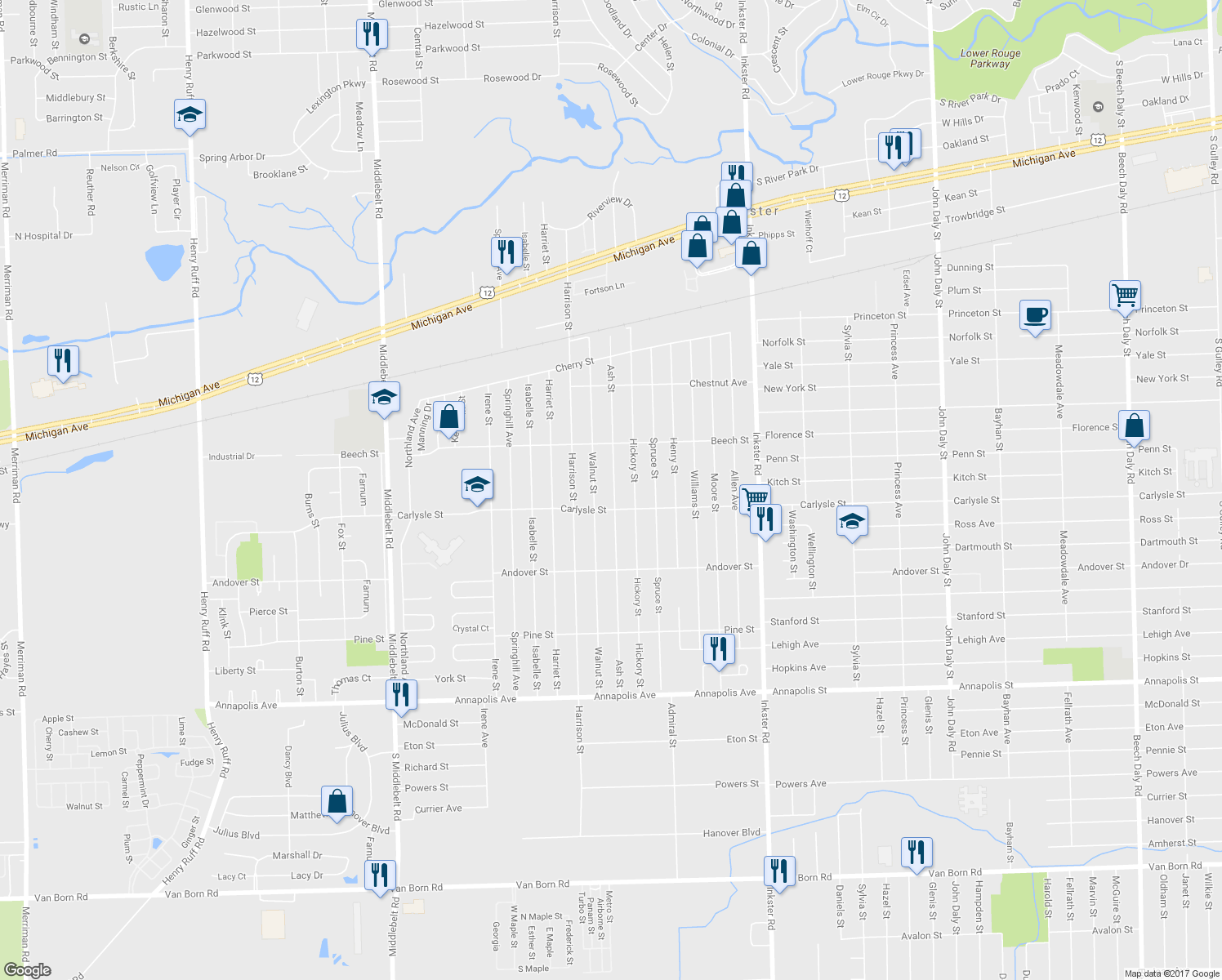 map of restaurants, bars, coffee shops, grocery stores, and more near 3630 Ash Street in Inkster