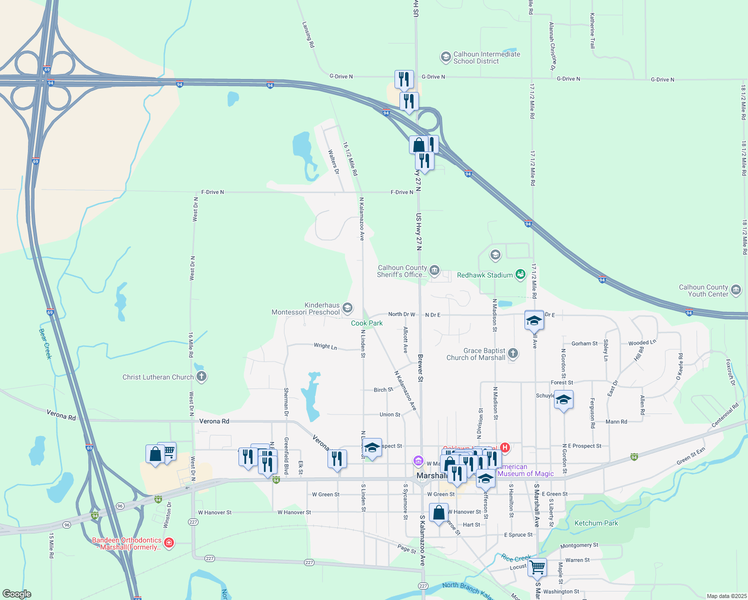 map of restaurants, bars, coffee shops, grocery stores, and more near 700 North Kalamazoo Avenue in Marshall