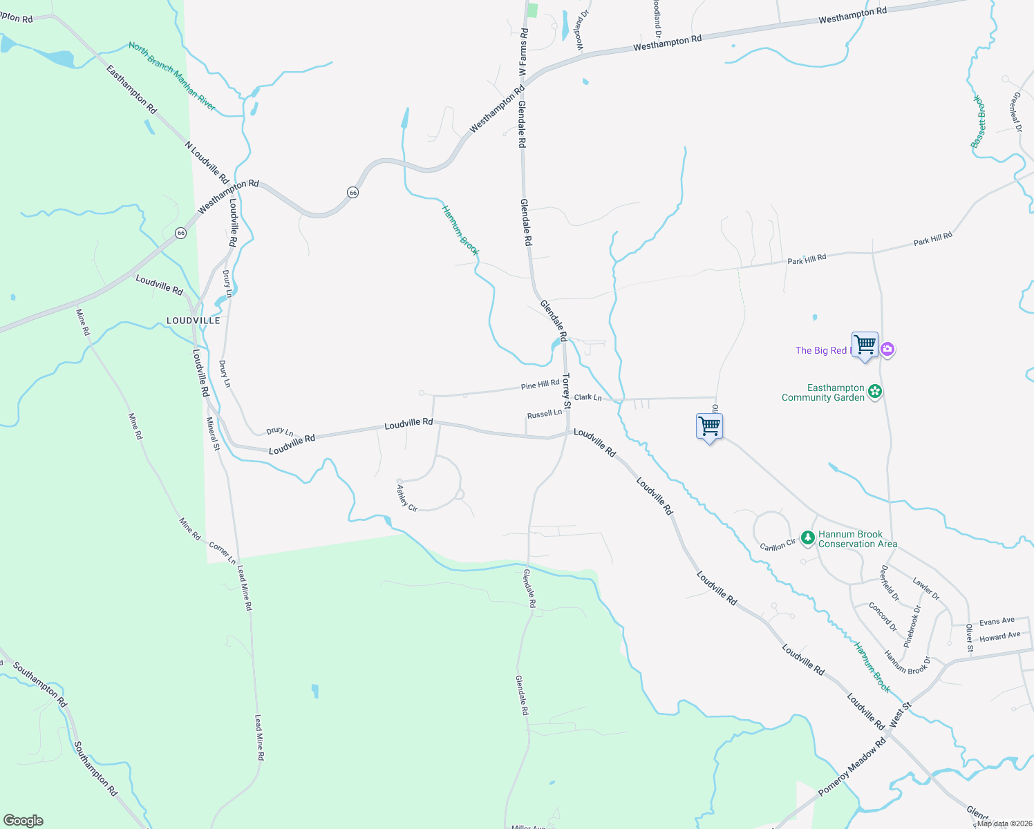 map of restaurants, bars, coffee shops, grocery stores, and more near 6 Russell Lane in Easthampton