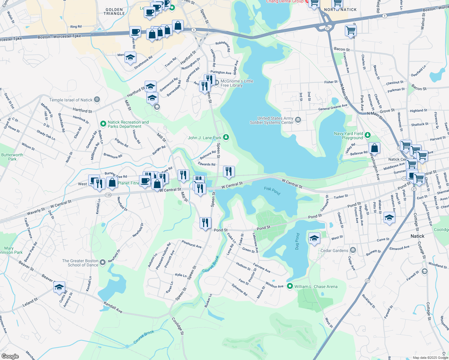 map of restaurants, bars, coffee shops, grocery stores, and more near 135 West Central Street in Natick
