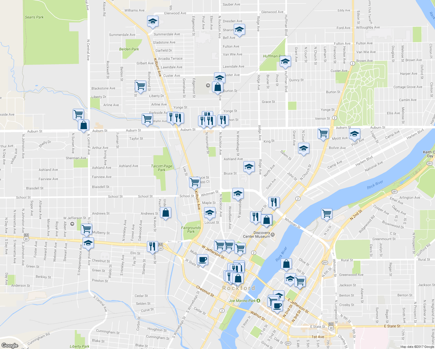 map of restaurants, bars, coffee shops, grocery stores, and more near 954 North Rockton Avenue in Rockford