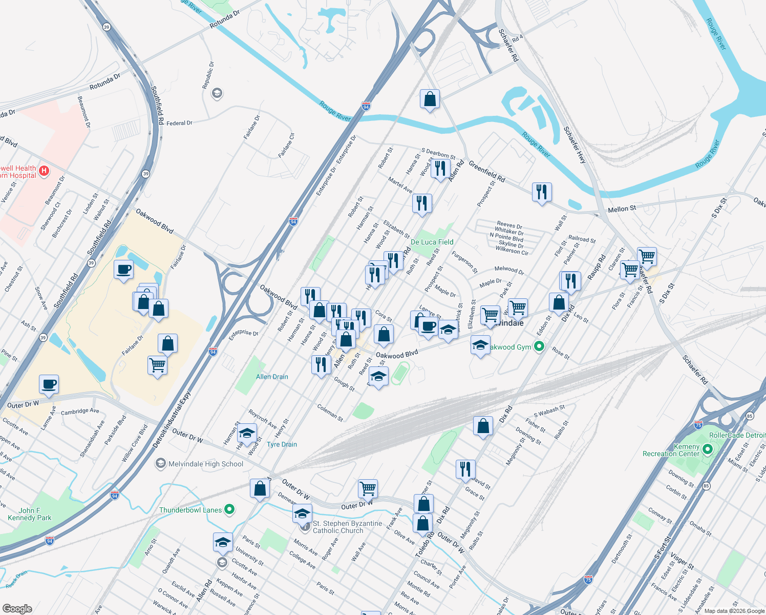 map of restaurants, bars, coffee shops, grocery stores, and more near 18043 Ruth Street in Melvindale