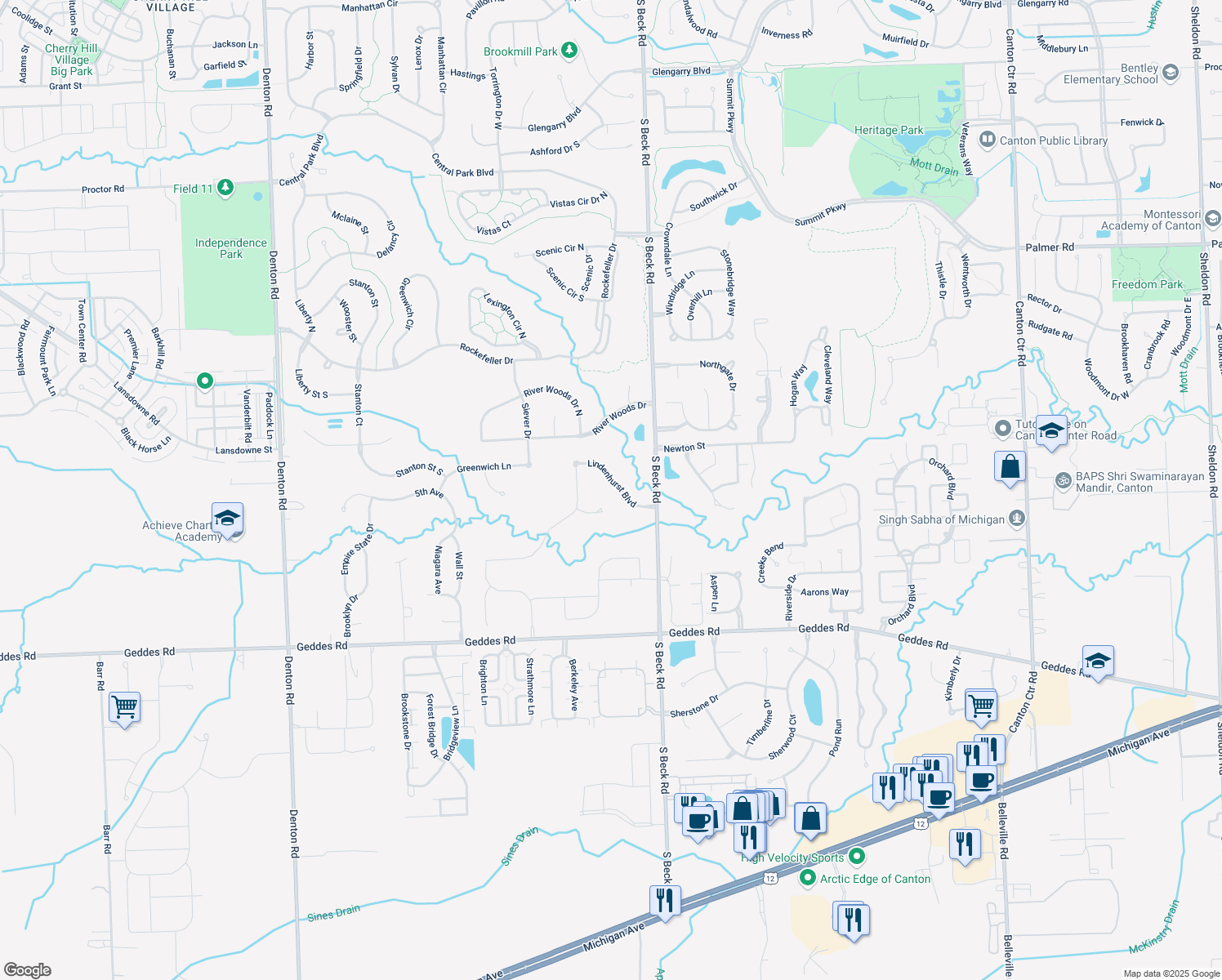 map of restaurants, bars, coffee shops, grocery stores, and more near 47625 Lindenhurst Blvd in Canton