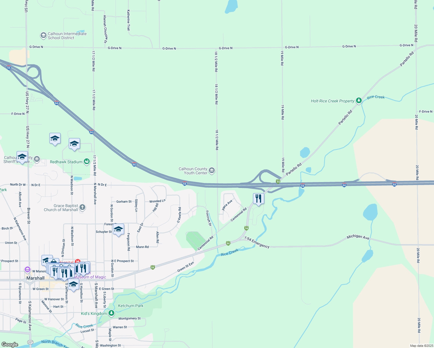map of restaurants, bars, coffee shops, grocery stores, and more near 14555 18 1/2 Mile Rd in Marshall