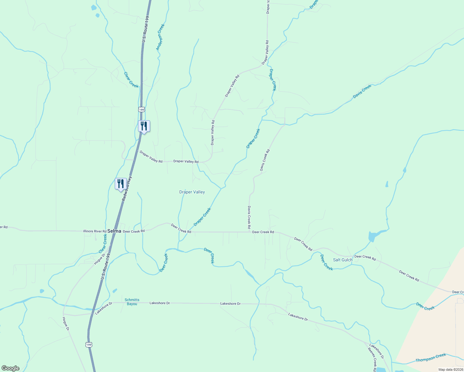 map of restaurants, bars, coffee shops, grocery stores, and more near 270 Draper Valley Road in Selma