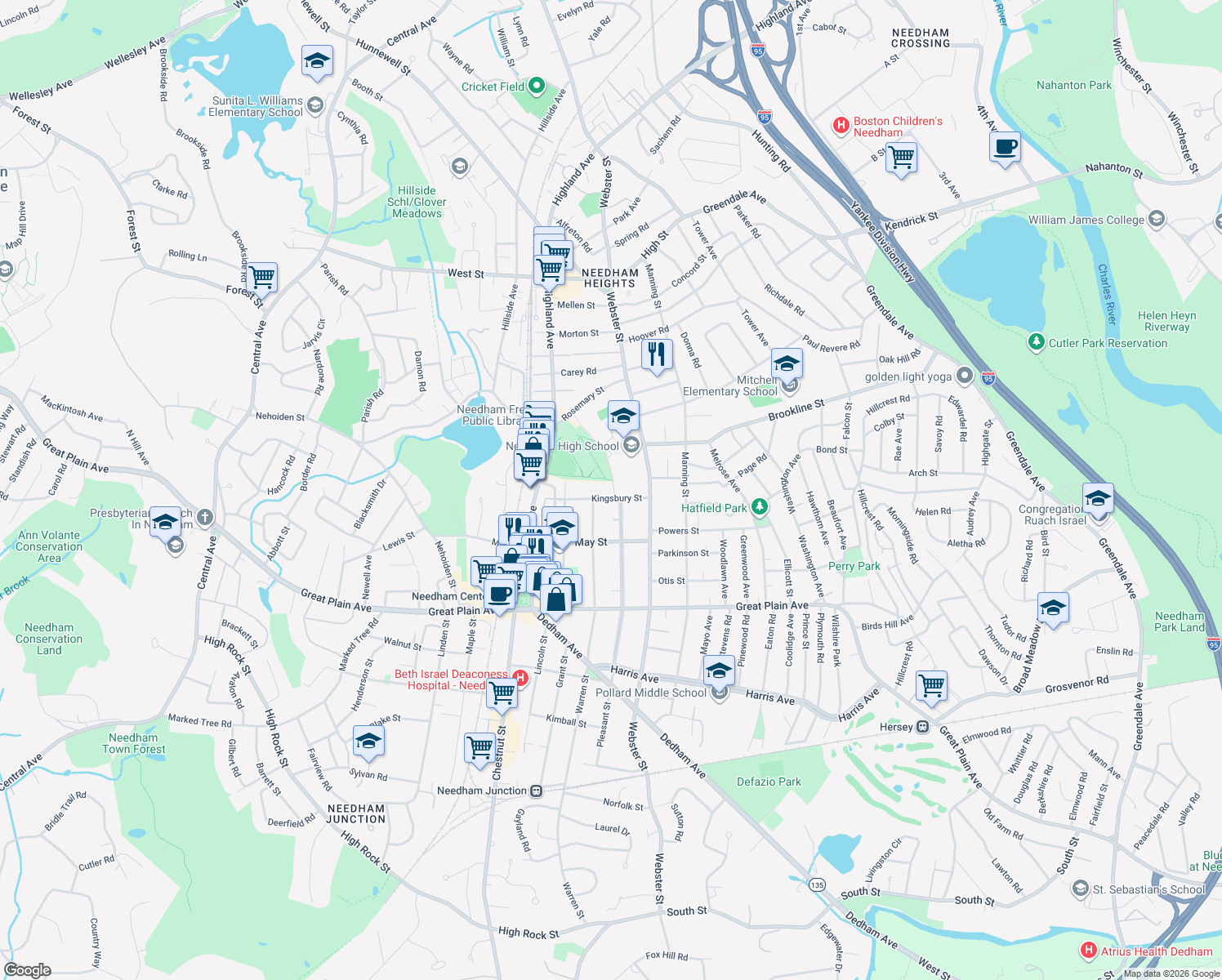 map of restaurants, bars, coffee shops, grocery stores, and more near 43 Kingsbury St in Needham