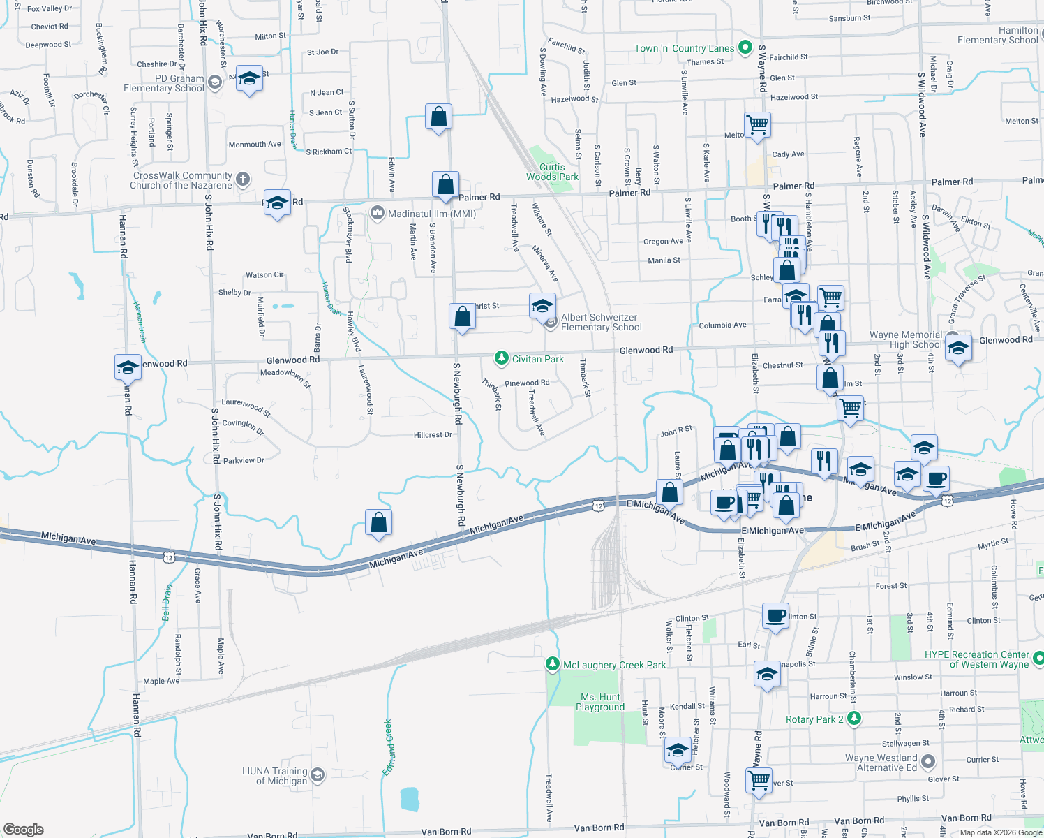 map of restaurants, bars, coffee shops, grocery stores, and more near 36952 Greenbush Road in Wayne