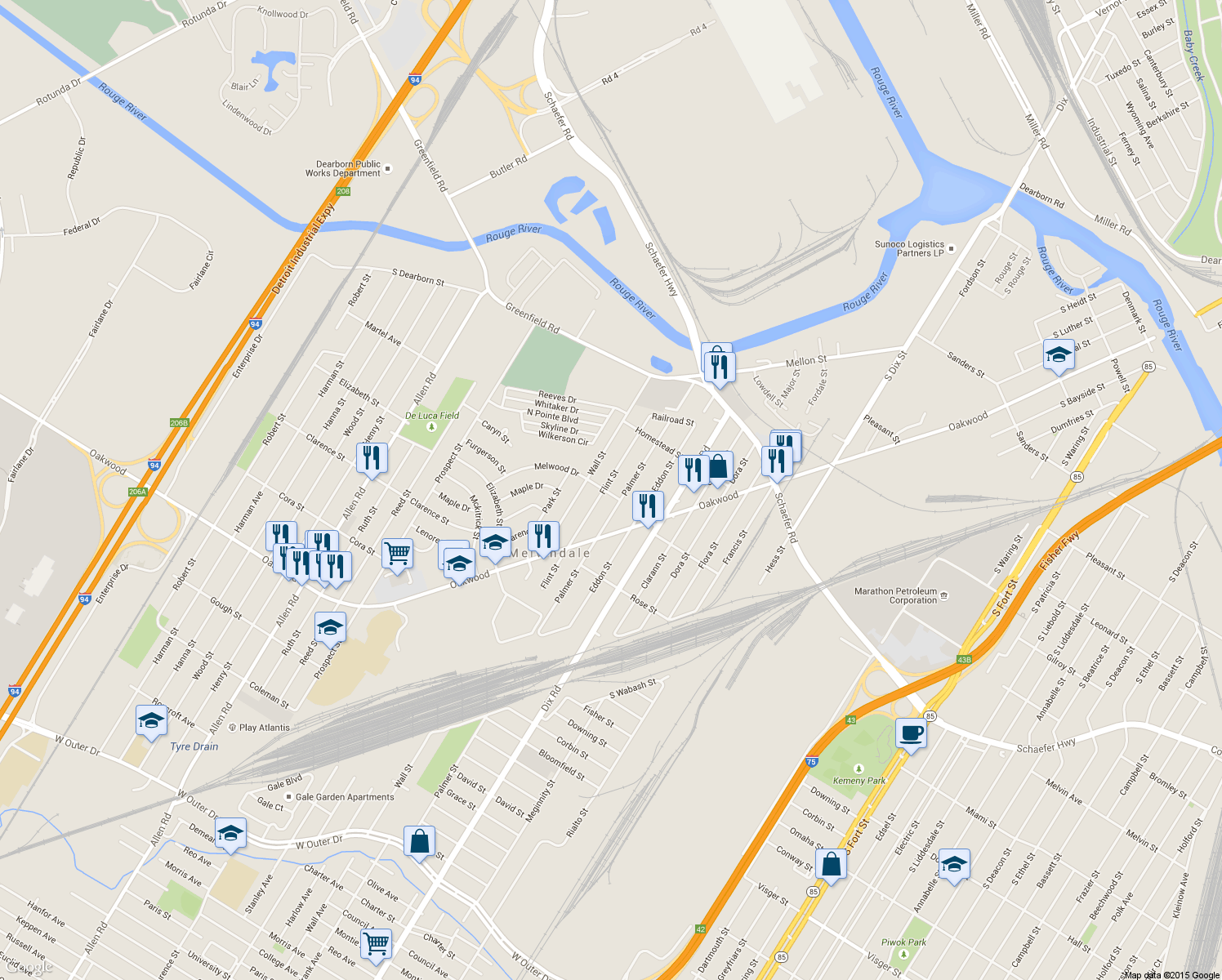 map of restaurants, bars, coffee shops, grocery stores, and more near 17380 Flint St in Melvindale