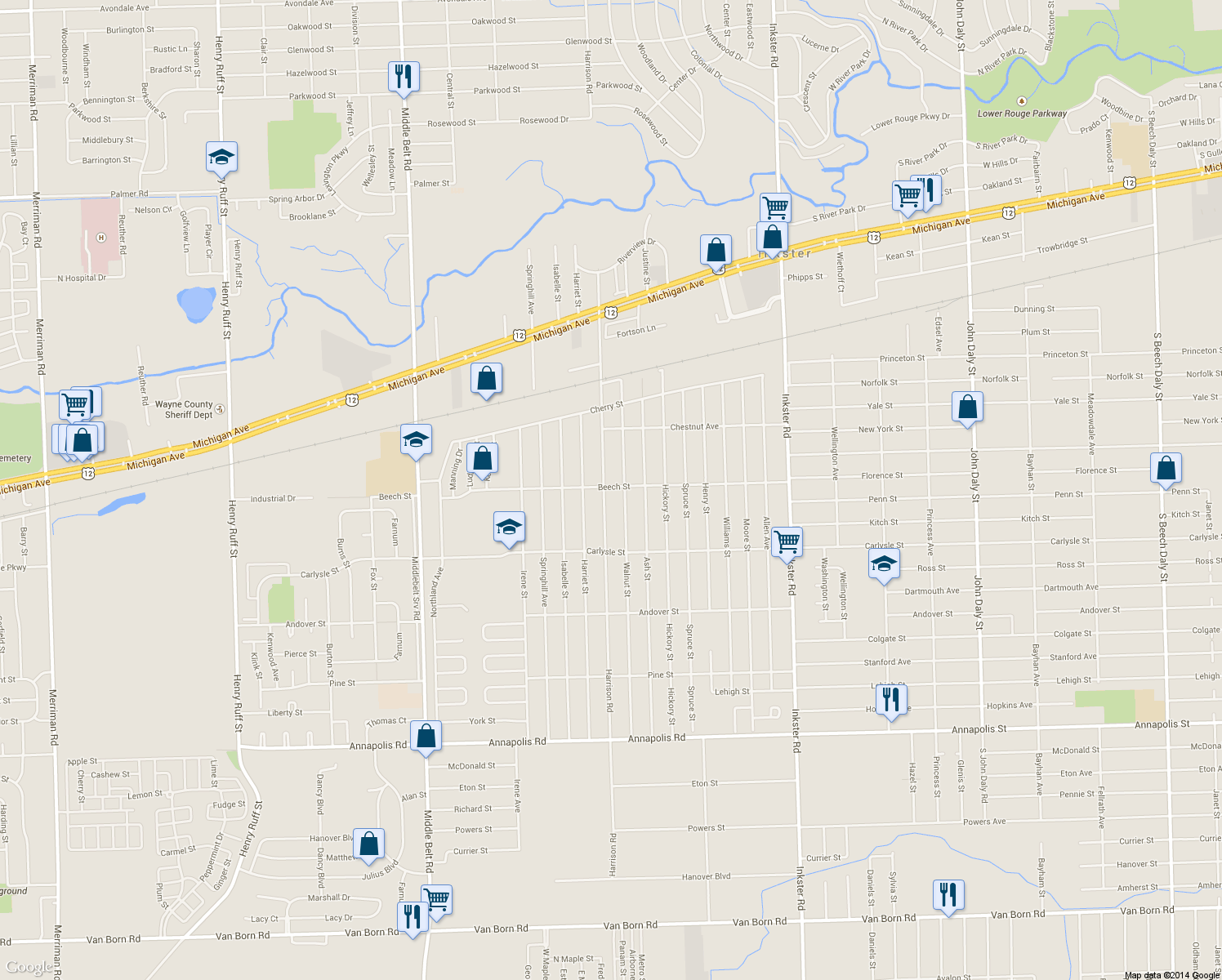 map of restaurants, bars, coffee shops, grocery stores, and more near 3509 Harrison Street in Inkster