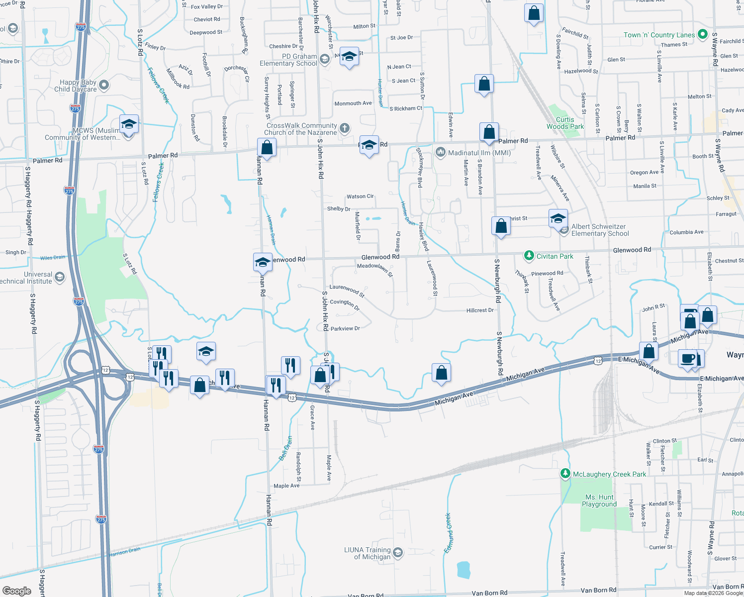 map of restaurants, bars, coffee shops, grocery stores, and more near 38614 Laurenwood Street in Wayne