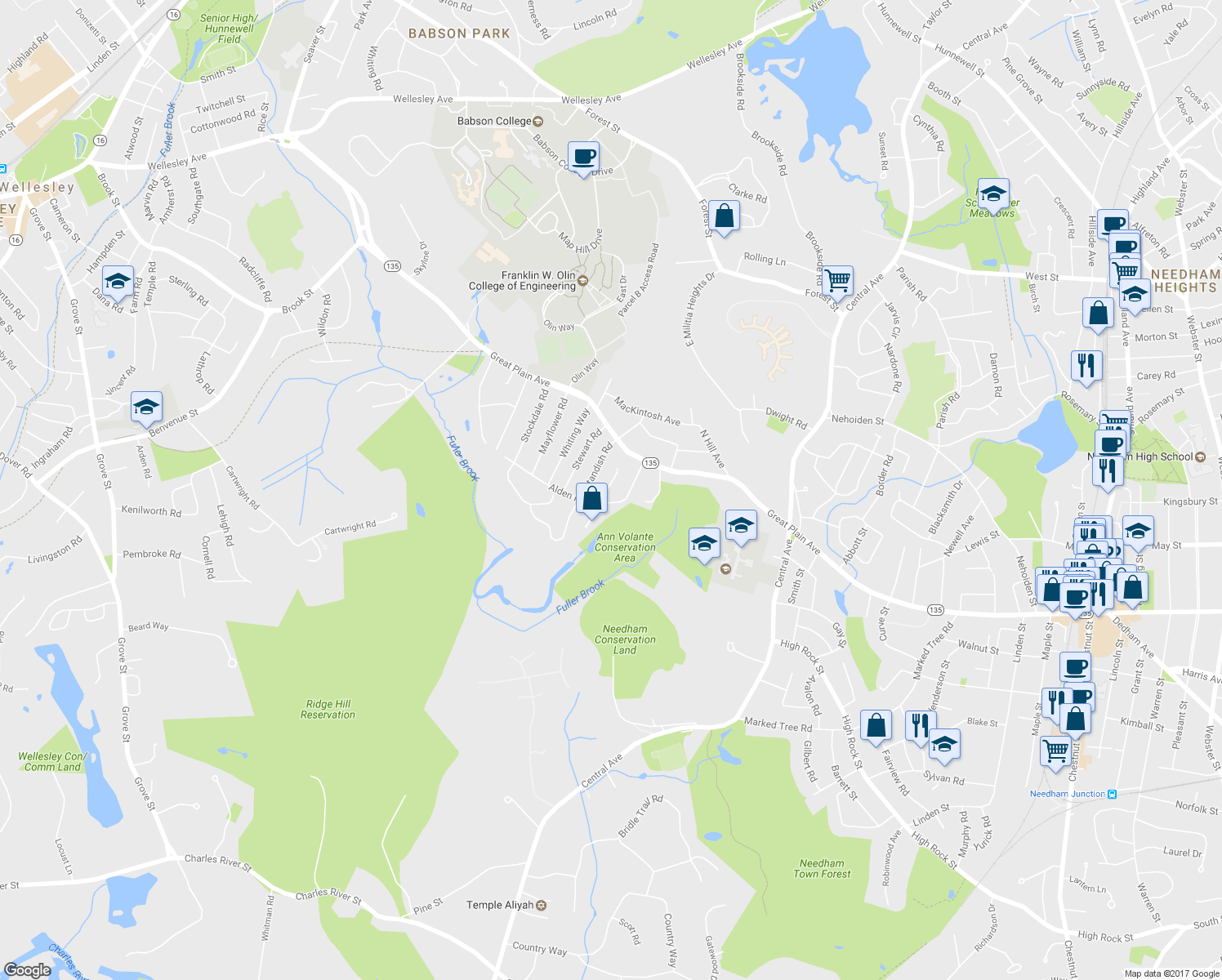 map of restaurants, bars, coffee shops, grocery stores, and more near 30 Brewster Drive in Needham