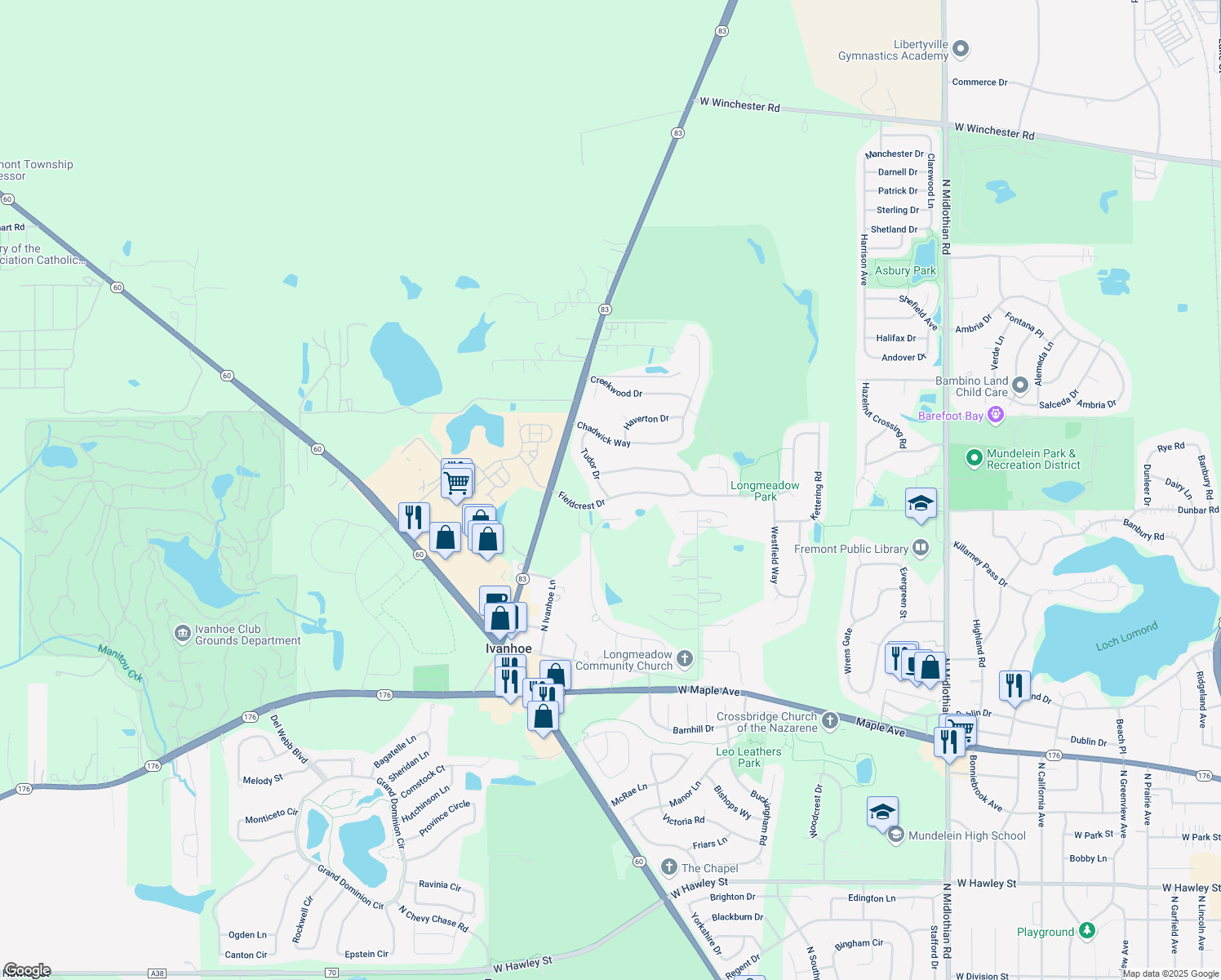 map of restaurants, bars, coffee shops, grocery stores, and more near 2400 Fieldcrest Dr in Mundelein