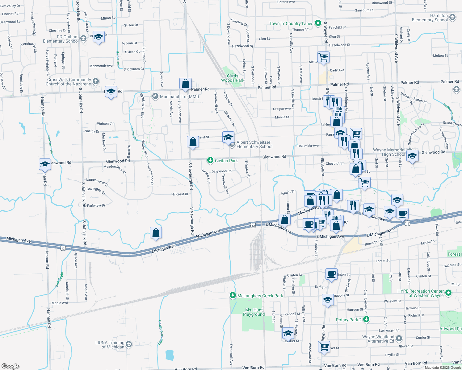 map of restaurants, bars, coffee shops, grocery stores, and more near 36884 Greenbush Road in Wayne