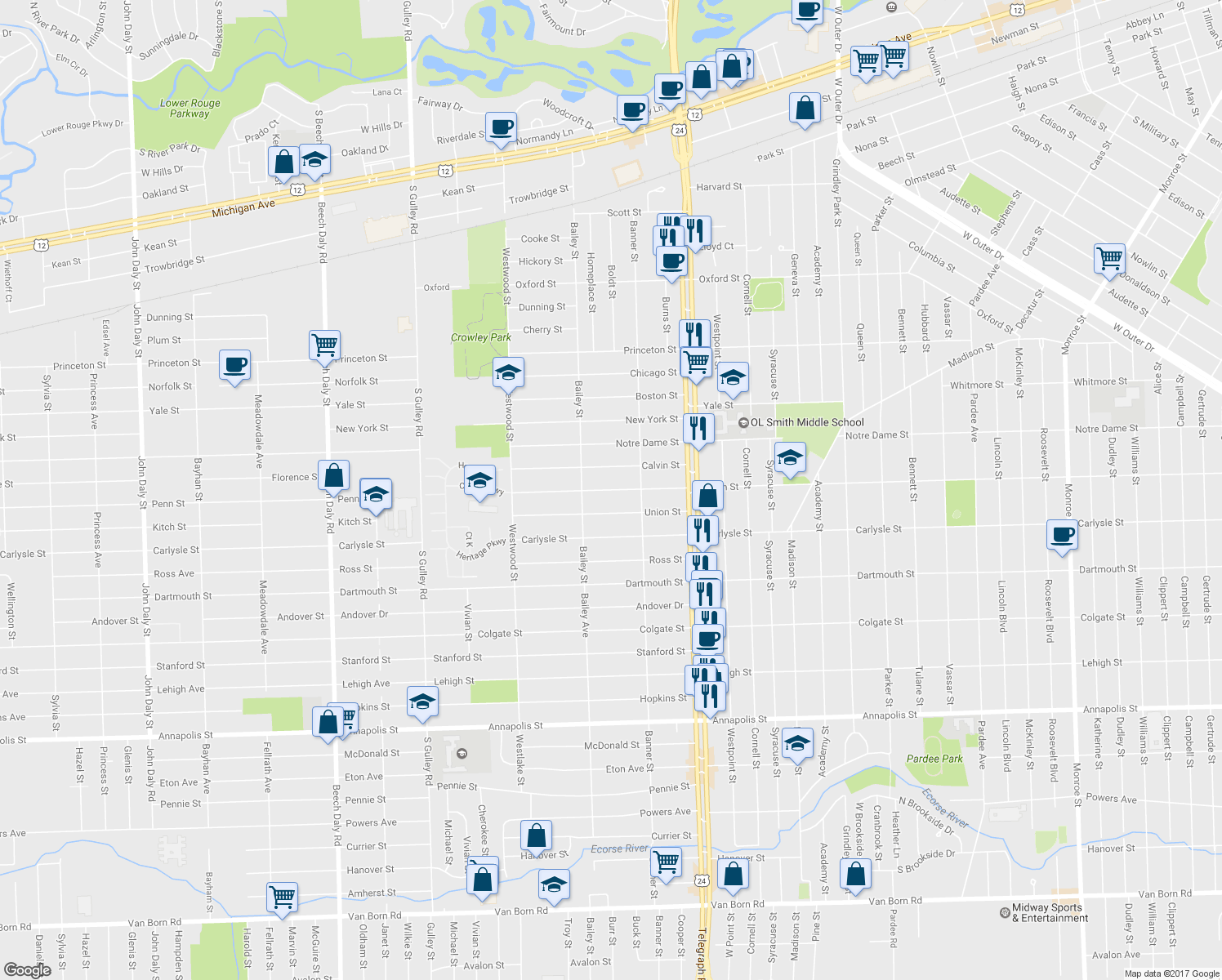 map of restaurants, bars, coffee shops, grocery stores, and more near 24425 Penn Street in Dearborn