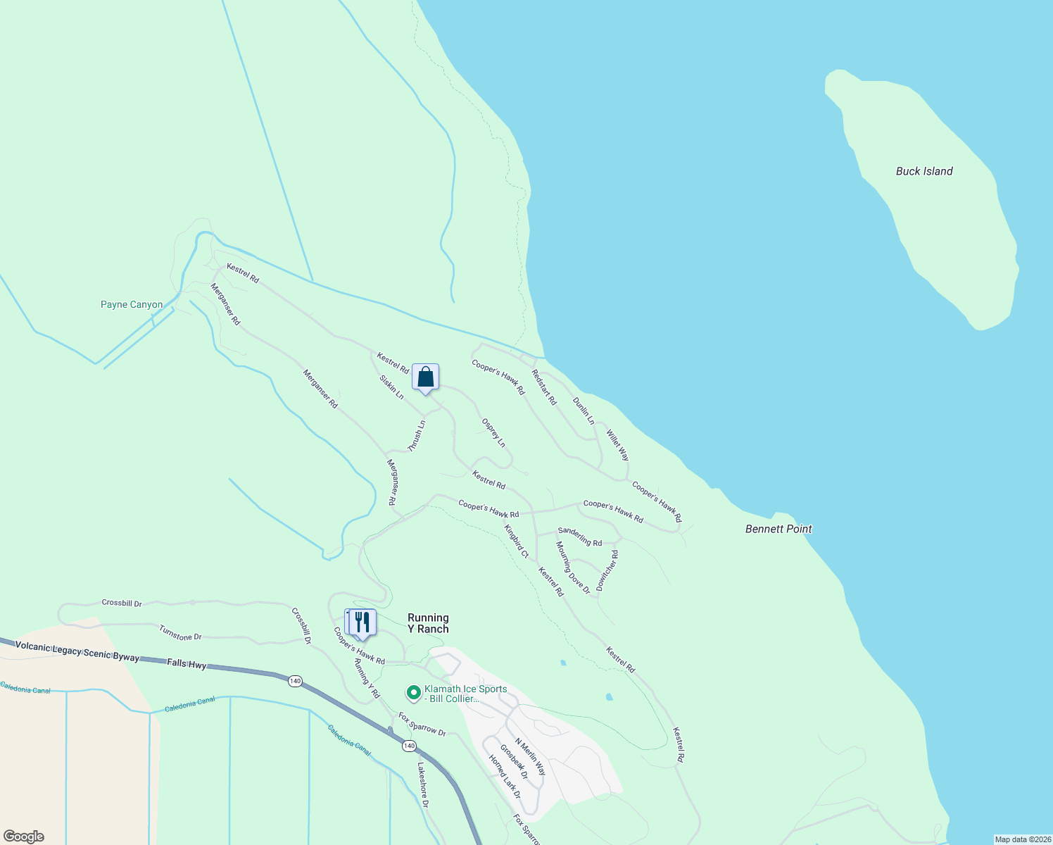 map of restaurants, bars, coffee shops, grocery stores, and more near 6818 Cooper's Hawk Road in Klamath Falls