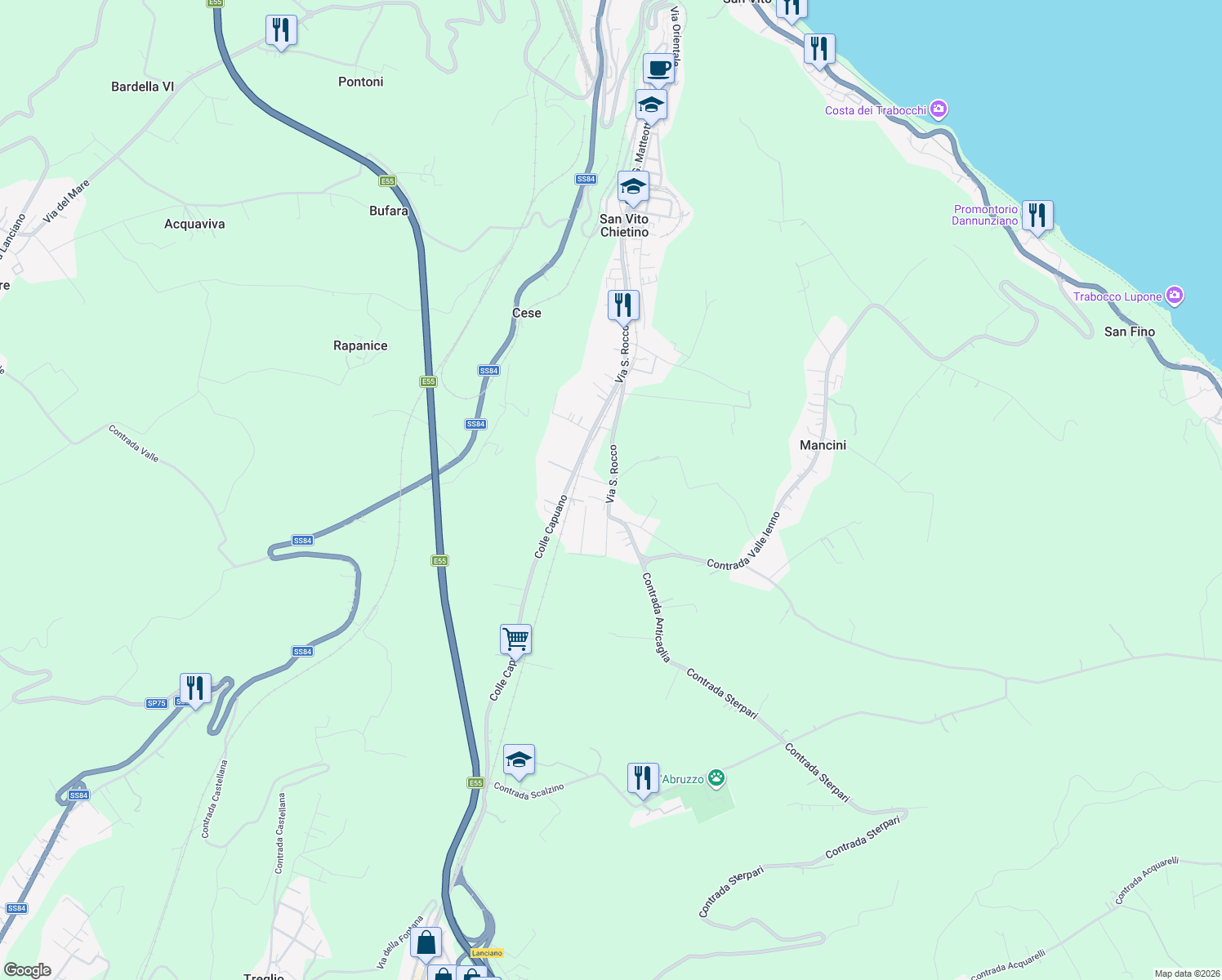 map of restaurants, bars, coffee shops, grocery stores, and more near 64 Via S. Rocco in San Vito Chietino