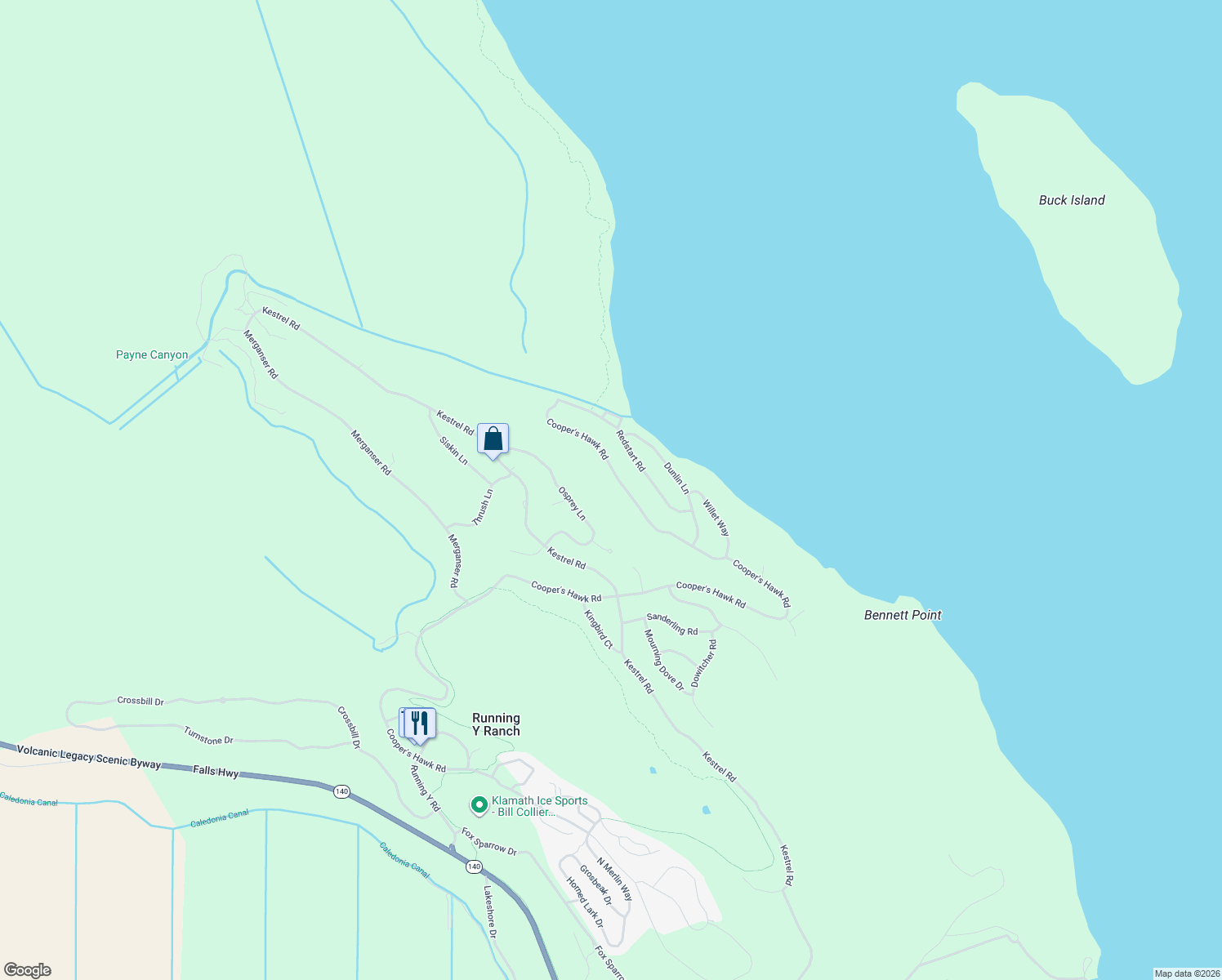 map of restaurants, bars, coffee shops, grocery stores, and more near 6818 Cooper's Hawk Road in Klamath Falls